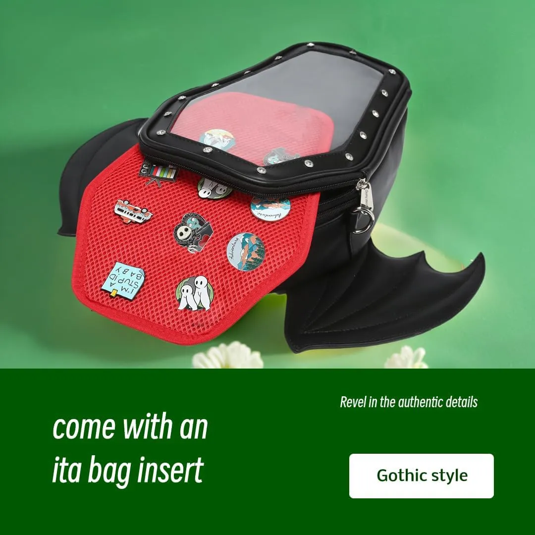 Gothic Coffin Shape Fashion Ita Bag Backpack Halloween Shoulder Bag, Detachable wings Purses Handbags