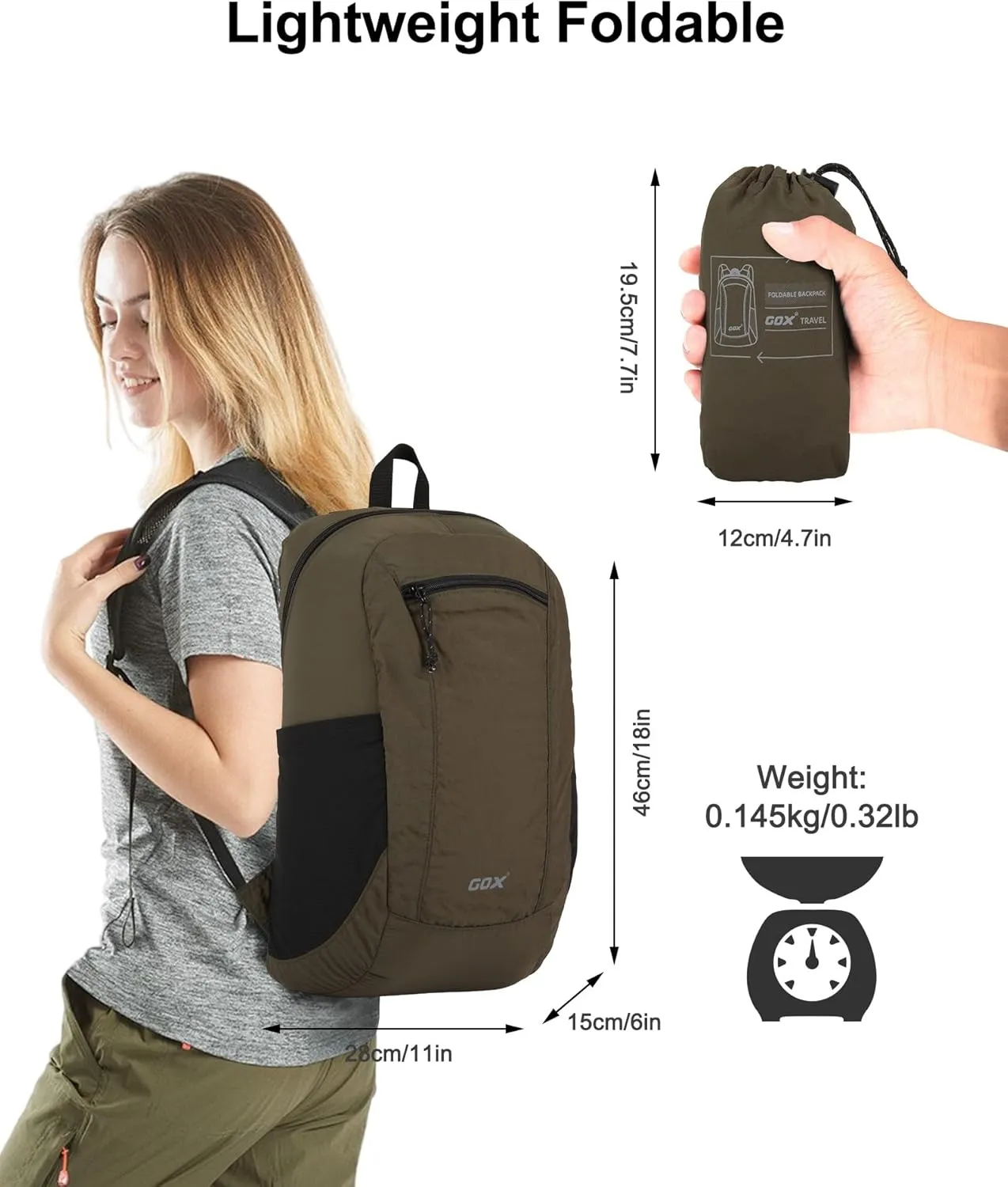 GOX Foldable 20l Backpack For Travel Lightweight Hiking Packable Daypack for Men Travel Camping Outdoor Bag Women (Jasper)