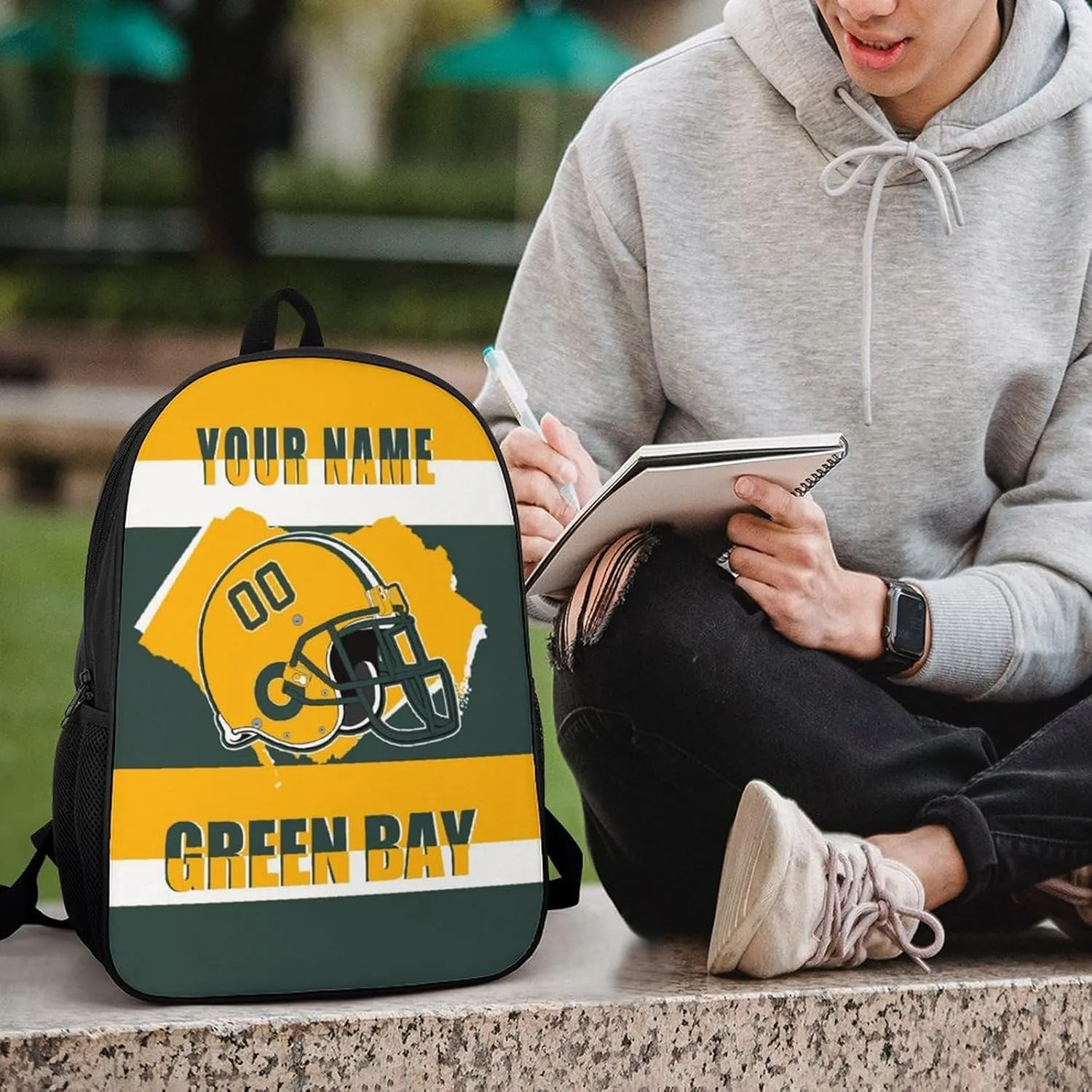 Green Bay Backpack 17 Inch SchoolBag, Personalized Any Name Number High Capacity Laptop Bag Casual Daypack for Man/Woman/Girl/Boy