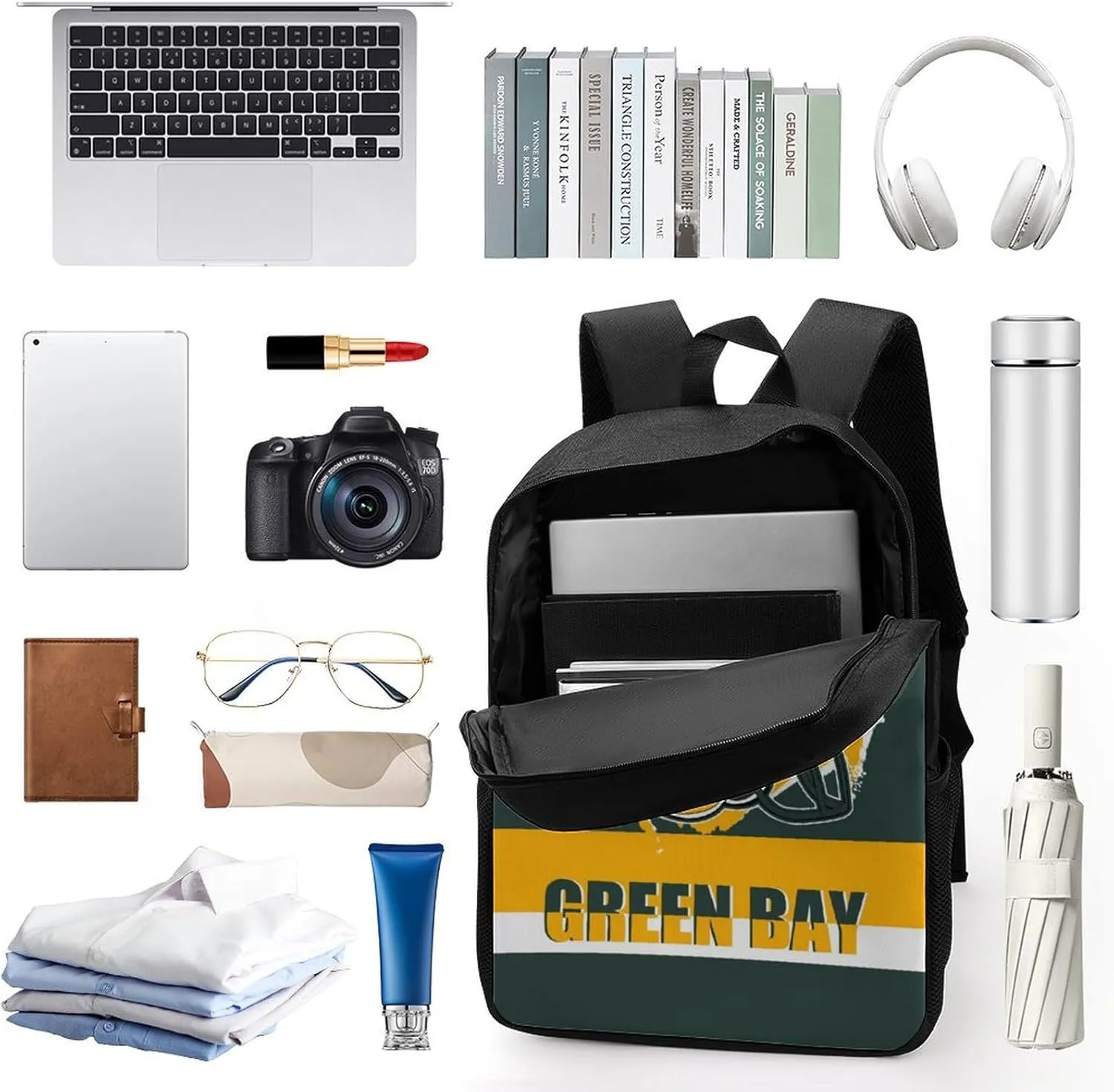 Green Bay Backpack 17 Inch SchoolBag, Personalized Any Name Number High Capacity Laptop Bag Casual Daypack for Man/Woman/Girl/Boy
