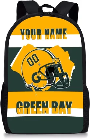 Green Bay Backpack 17 Inch SchoolBag, Personalized Any Name Number High Capacity Laptop Bag Casual Daypack for Man/Woman/Girl/Boy