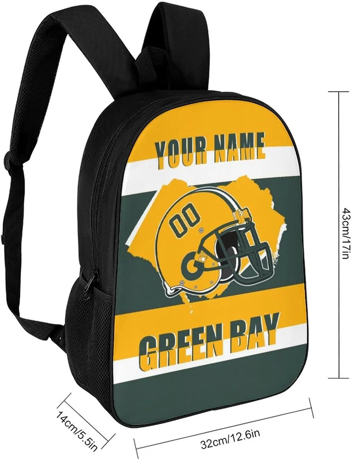 Green Bay Backpack 17 Inch SchoolBag, Personalized Any Name Number High Capacity Laptop Bag Casual Daypack for Man/Woman/Girl/Boy