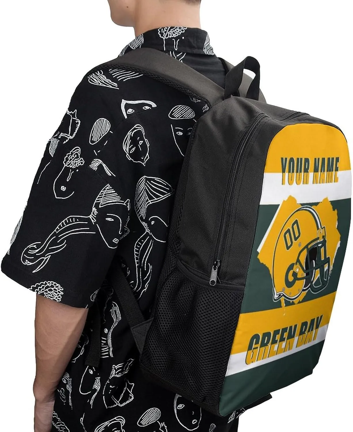 Green Bay Backpack 17 Inch SchoolBag, Personalized Any Name Number High Capacity Laptop Bag Casual Daypack for Man/Woman/Girl/Boy