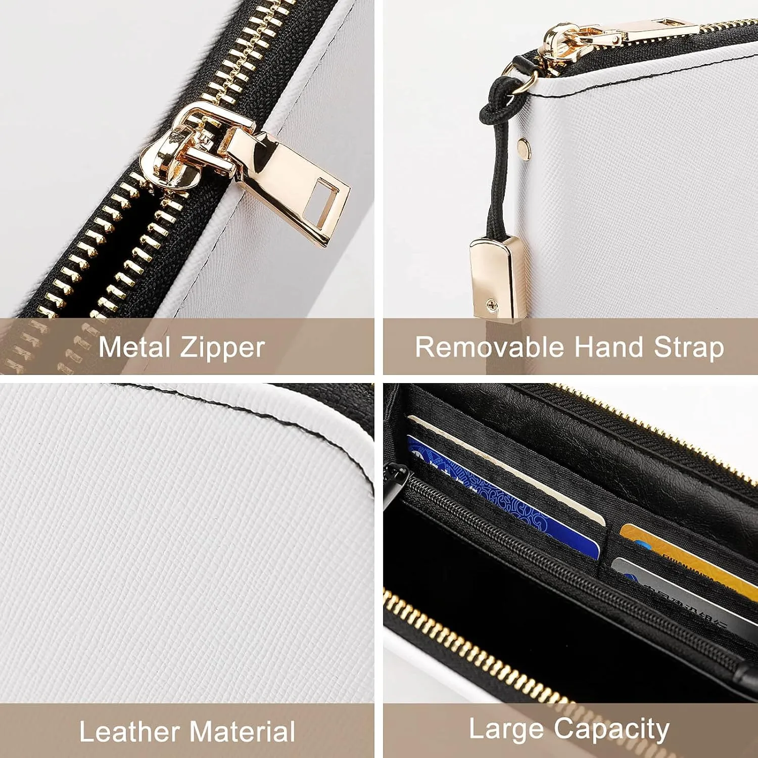 Grey Funny Dinosaurs with Forest Palm Leaves on Black Long Clutch Wallet, Long Handbag with Removable Wristlet Strap, PU Leather Zip Purse, Credit Pass Case Card-Holder for Men Women