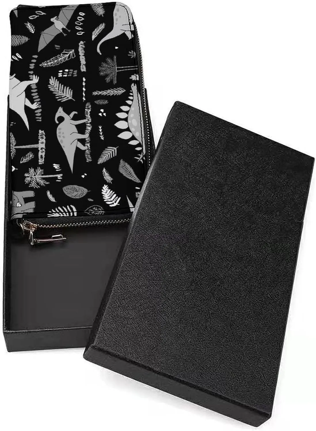 Grey Funny Dinosaurs with Forest Palm Leaves on Black Long Clutch Wallet, Long Handbag with Removable Wristlet Strap, PU Leather Zip Purse, Credit Pass Case Card-Holder for Men Women