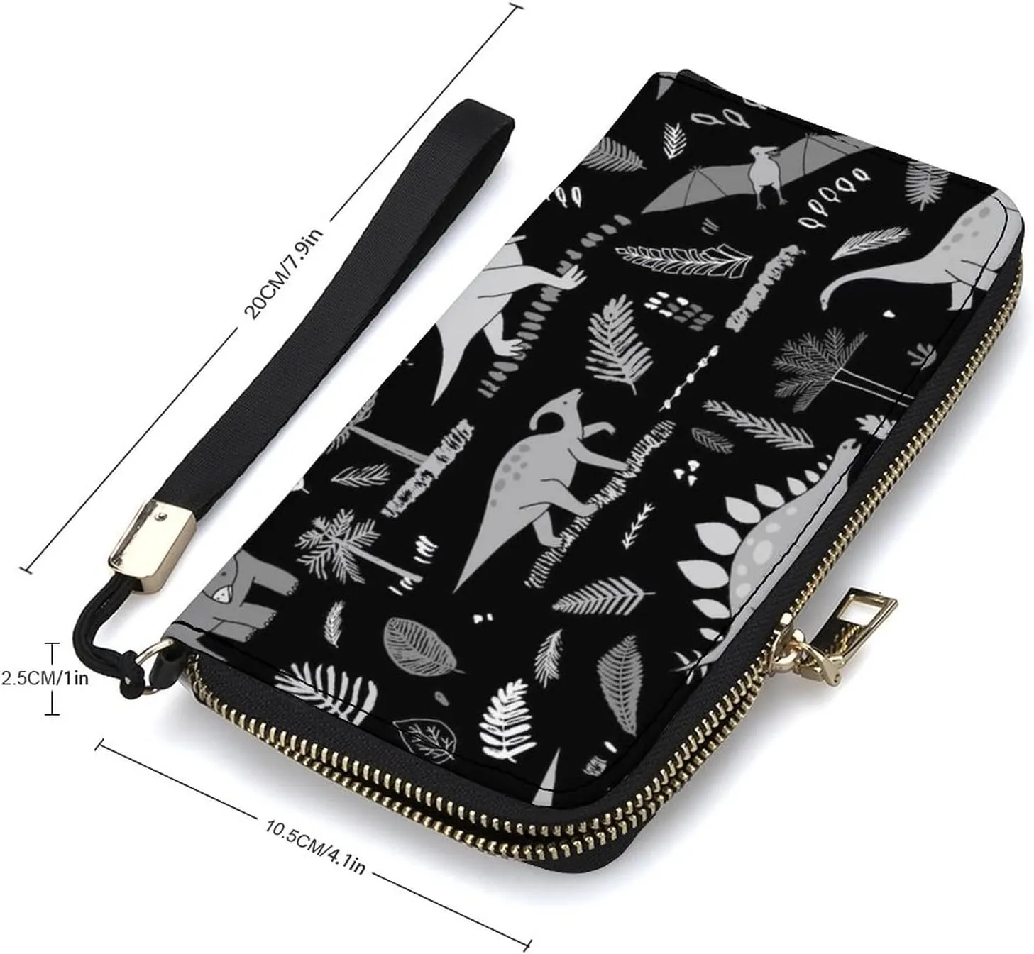 Grey Funny Dinosaurs with Forest Palm Leaves on Black Long Clutch Wallet, Long Handbag with Removable Wristlet Strap, PU Leather Zip Purse, Credit Pass Case Card-Holder for Men Women