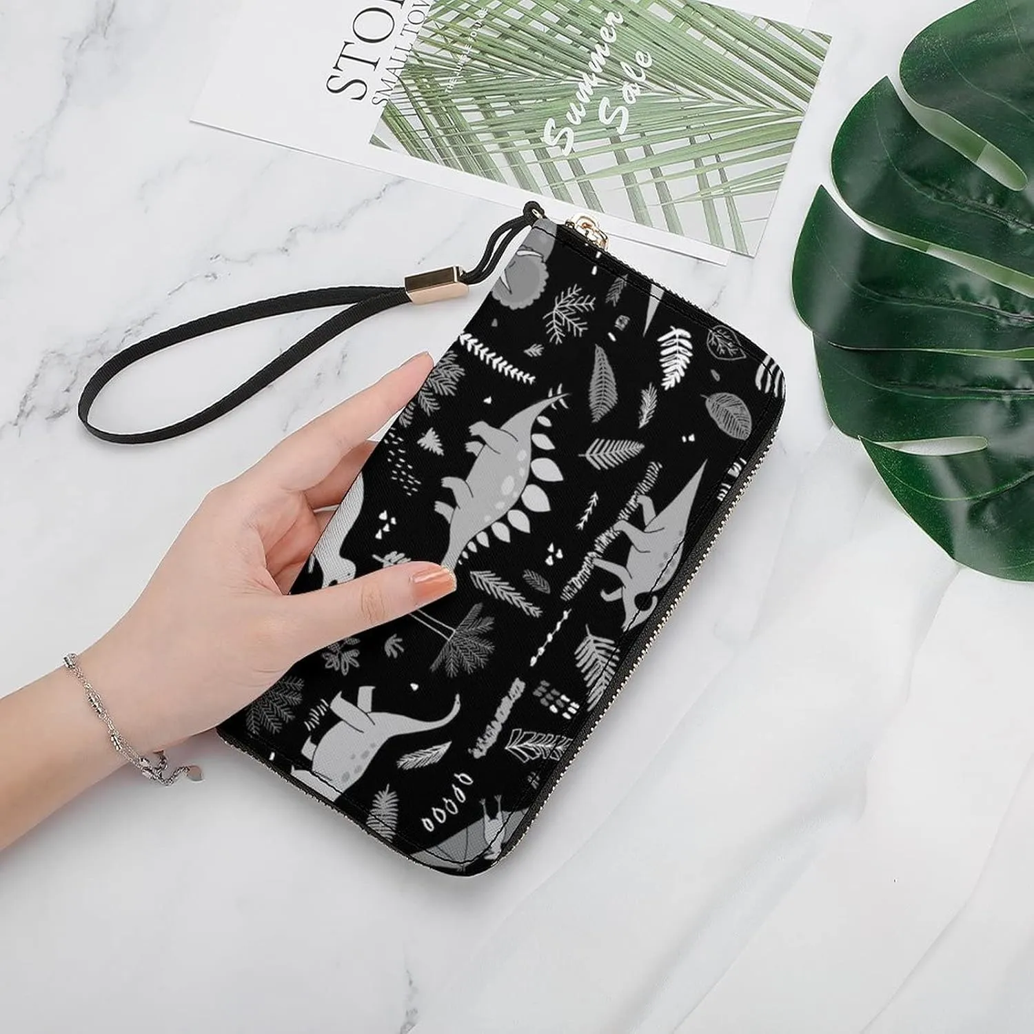 Grey Funny Dinosaurs with Forest Palm Leaves on Black Long Clutch Wallet, Long Handbag with Removable Wristlet Strap, PU Leather Zip Purse, Credit Pass Case Card-Holder for Men Women