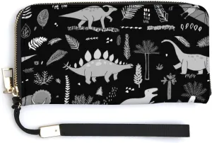 Grey Funny Dinosaurs with Forest Palm Leaves on Black Long Clutch Wallet, Long Handbag with Removable Wristlet Strap, PU Leather Zip Purse, Credit Pass Case Card-Holder for Men Women