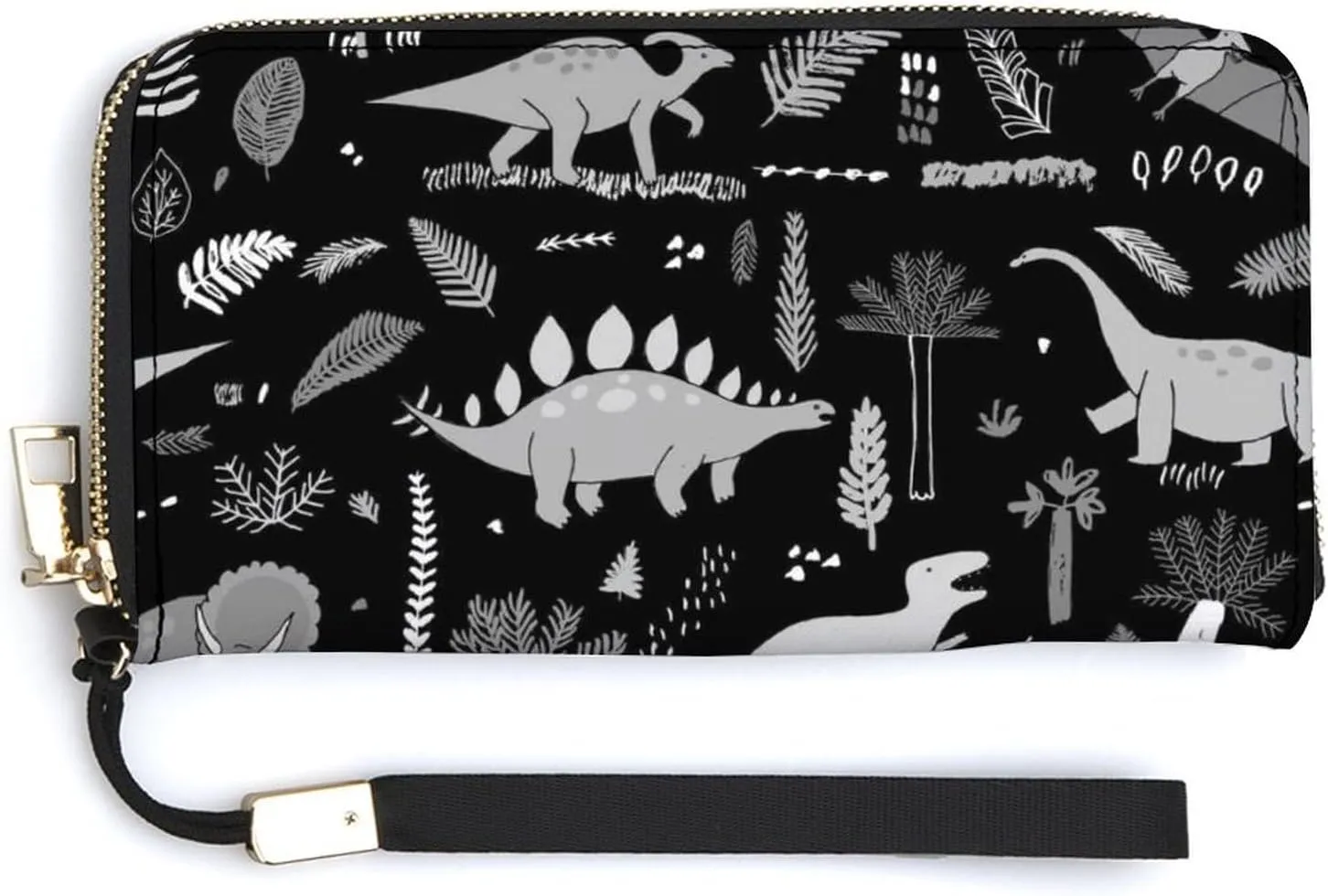Grey Funny Dinosaurs with Forest Palm Leaves on Black Long Clutch Wallet, Long Handbag with Removable Wristlet Strap, PU Leather Zip Purse, Credit Pass Case Card-Holder for Men Women