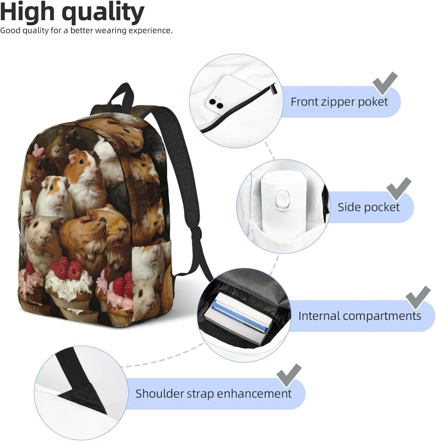 Guinea Pigs and Cupcakes print Hiking Backpack Casual Daypack Outdoor Travel Backpacks Bookbag for Men Women Adult