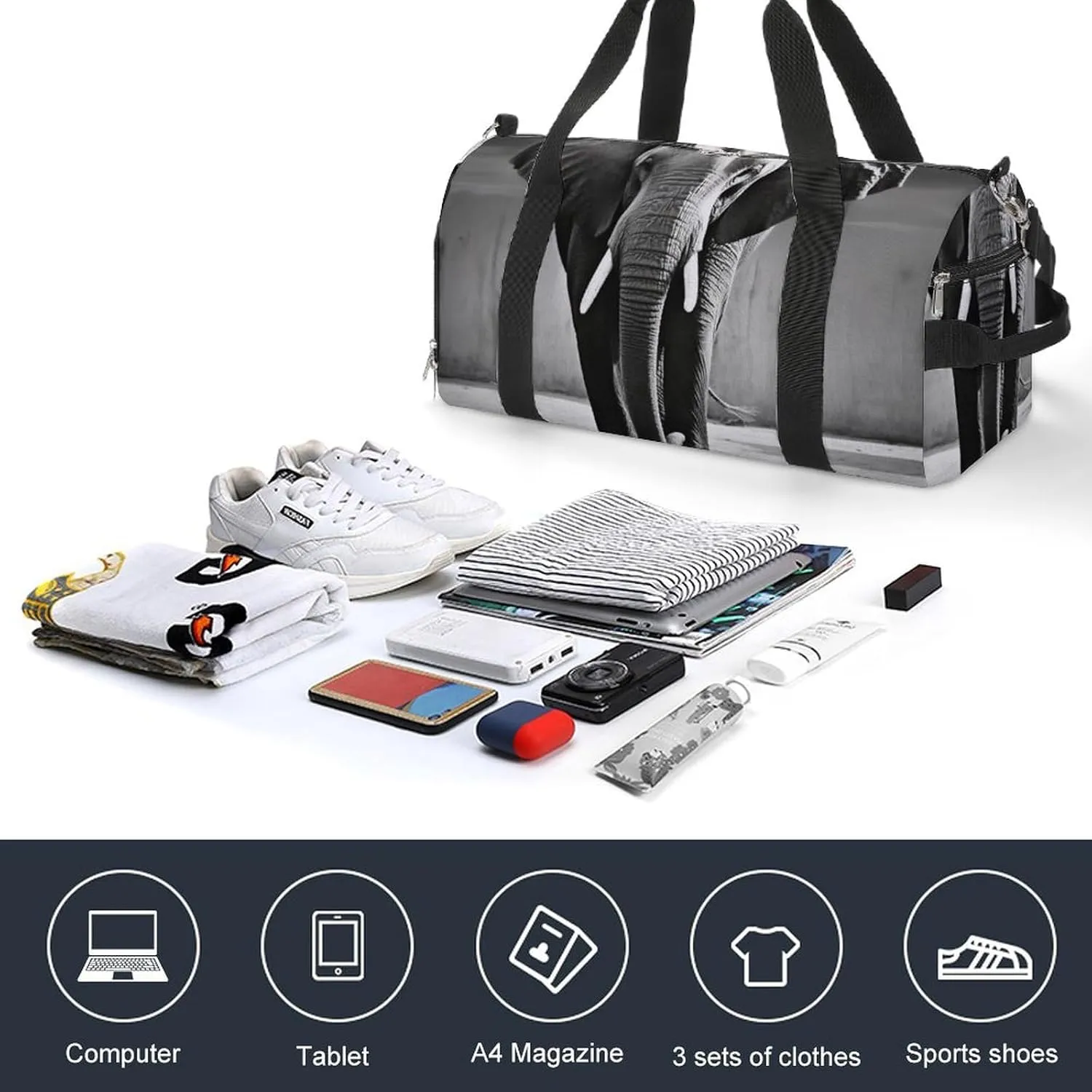 Gym Bag Black And White Elephant Duffel Bag for Men Women Overnight Bag with Shoe Compartment Workout Bags