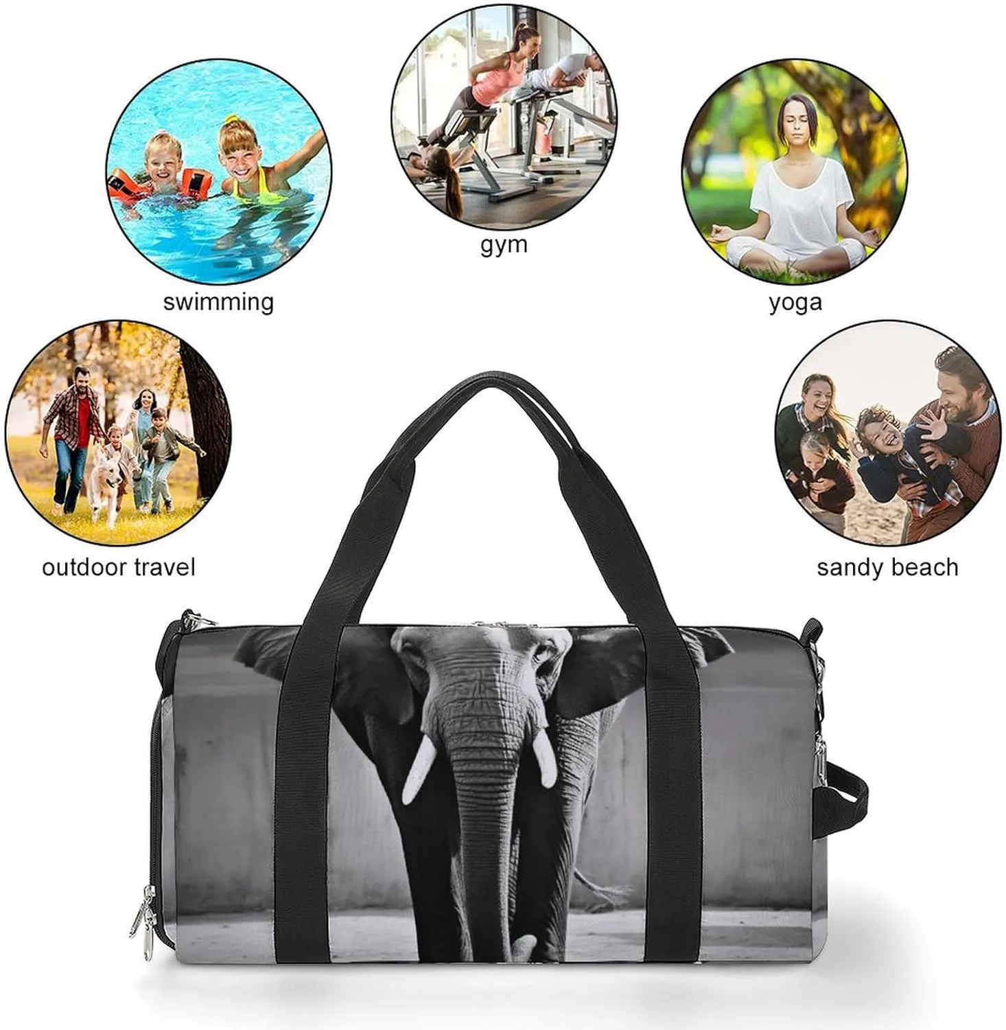 Gym Bag Black And White Elephant Duffel Bag for Men Women Overnight Bag with Shoe Compartment Workout Bags