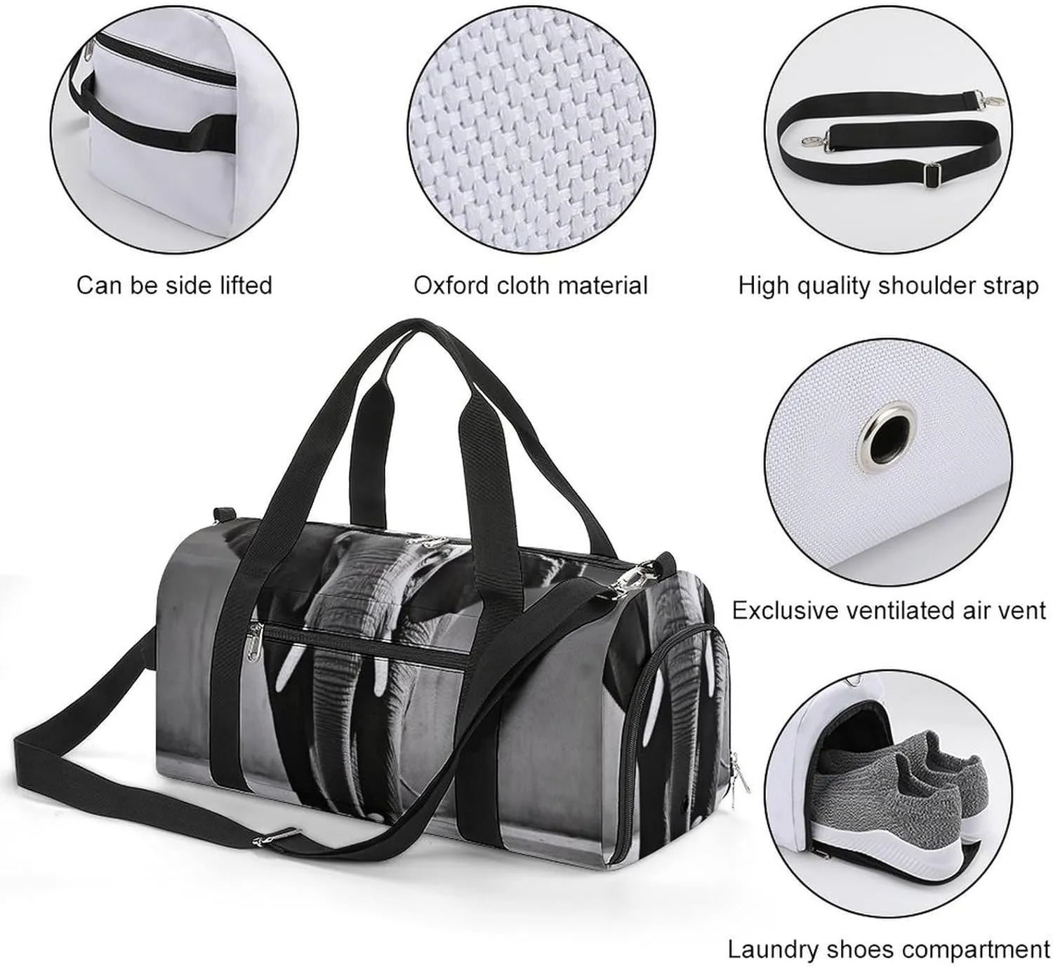 Gym Bag Black And White Elephant Duffel Bag for Men Women Overnight Bag with Shoe Compartment Workout Bags