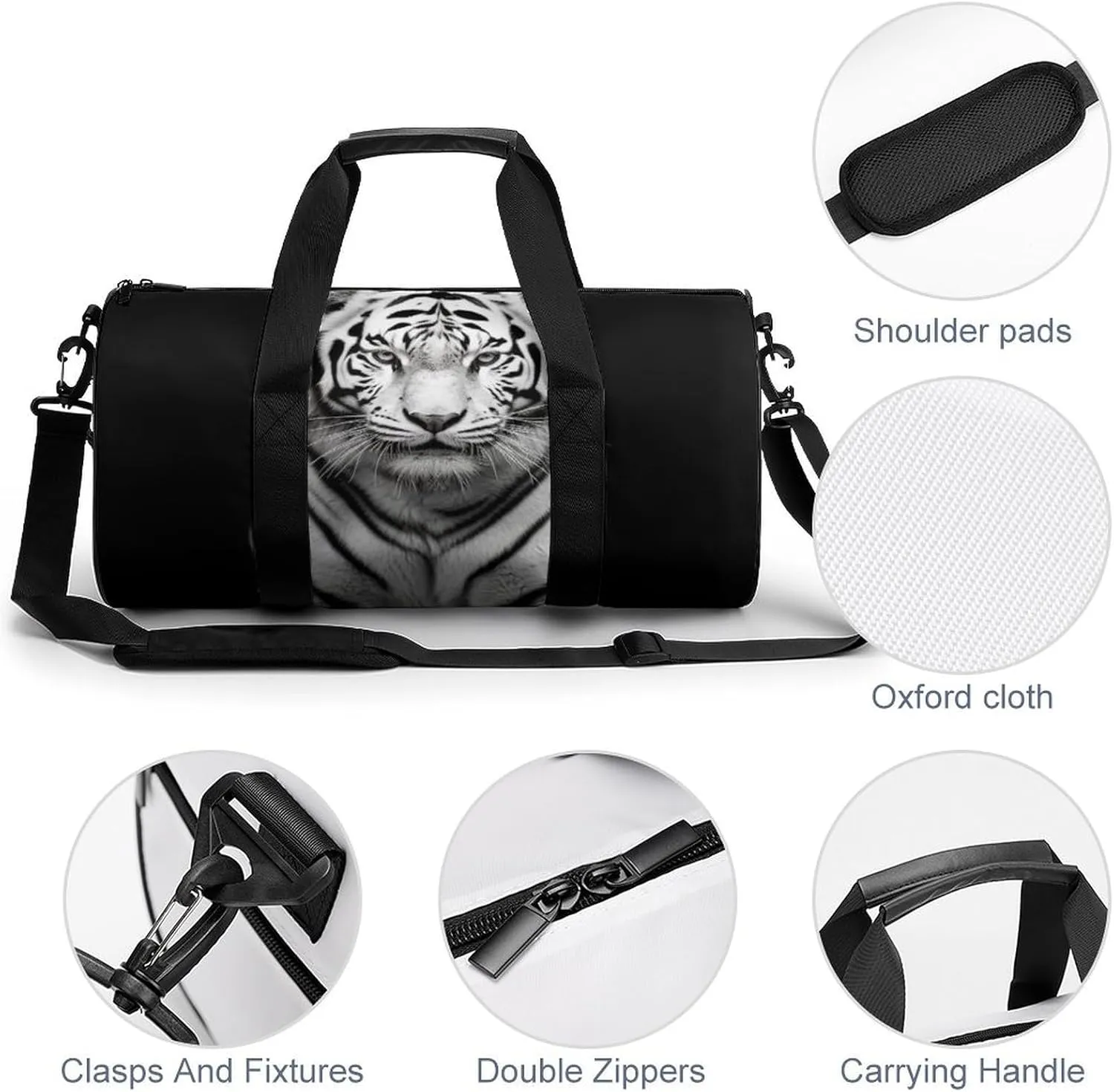 Gym Bag Black And White Tiger Duffel Bag for Men Women Overnight Bag with Shoe Compartment Workout Bags