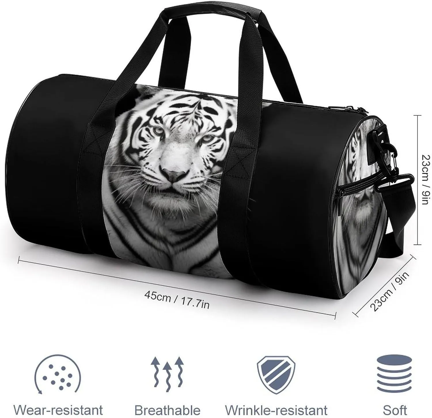 Gym Bag Black And White Tiger Duffel Bag for Men Women Overnight Bag with Shoe Compartment Workout Bags