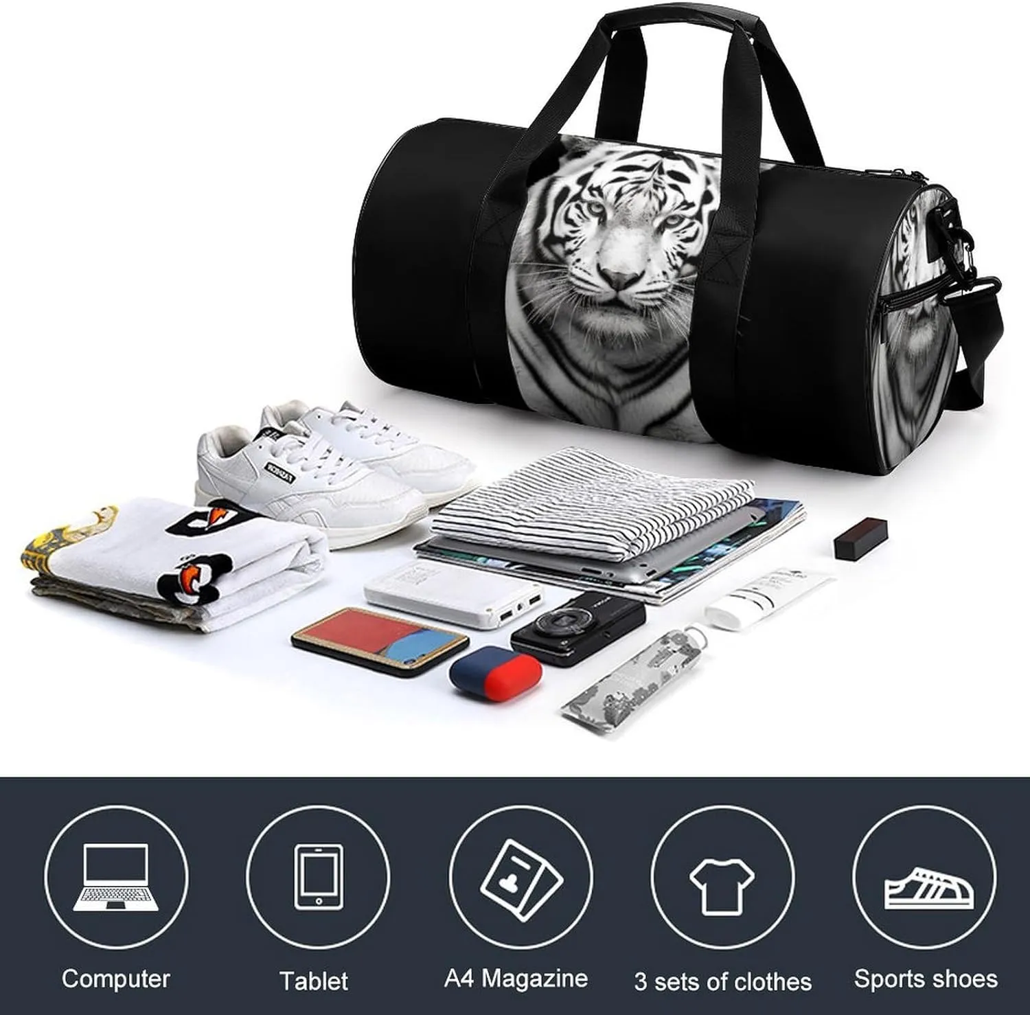 Gym Bag Black And White Tiger Duffel Bag for Men Women Overnight Bag with Shoe Compartment Workout Bags