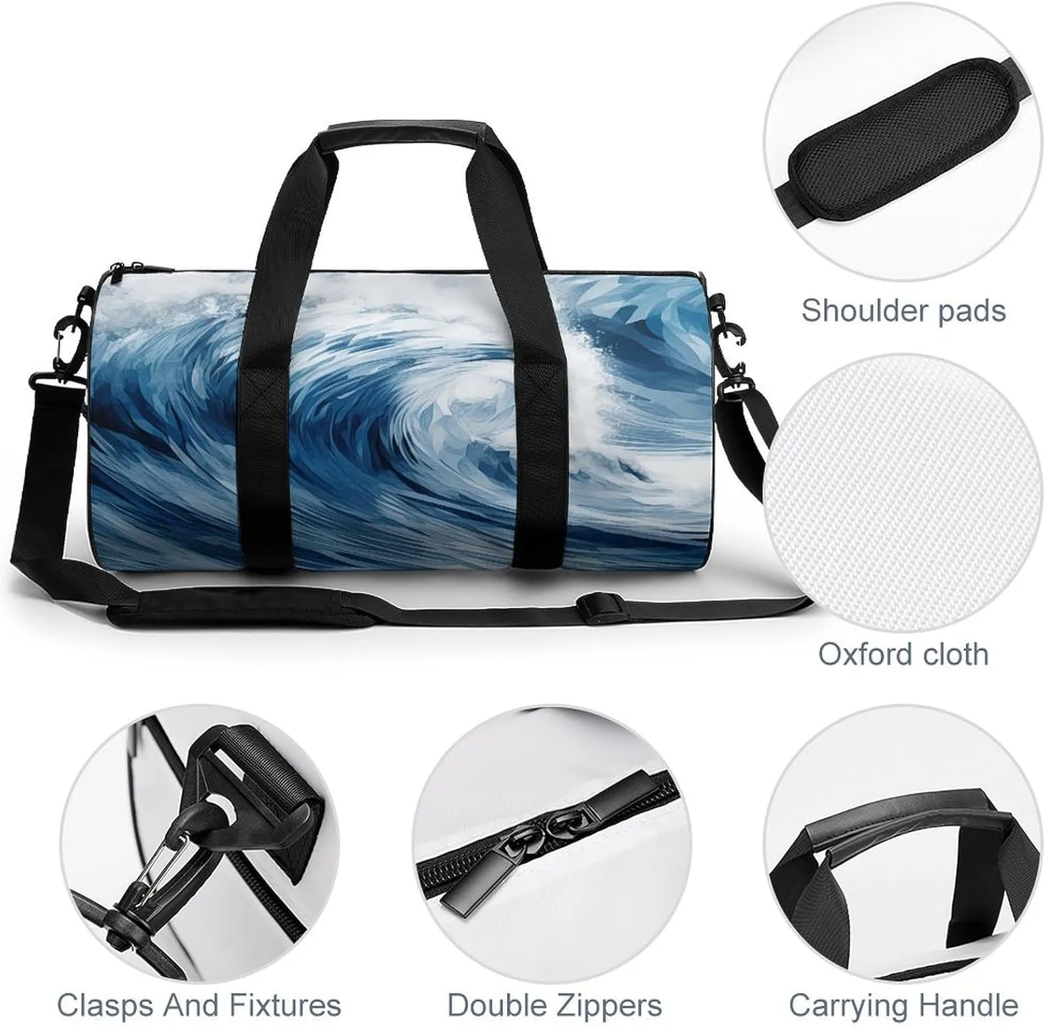 Gym Bag Blue Wave Art Duffel Bag for Men Women Overnight Bag with Shoe Compartment Workout Bags