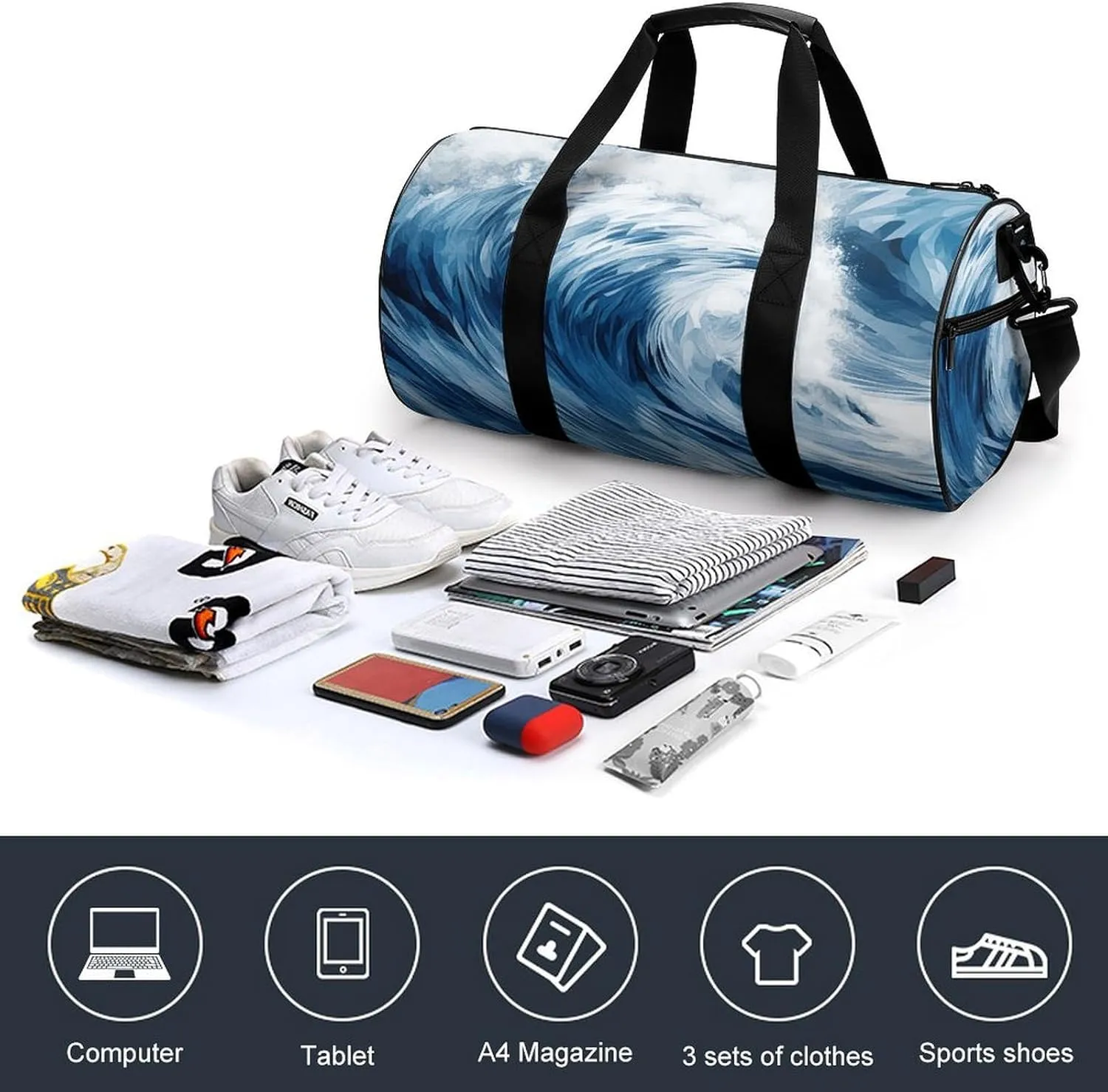 Gym Bag Blue Wave Art Duffel Bag for Men Women Overnight Bag with Shoe Compartment Workout Bags