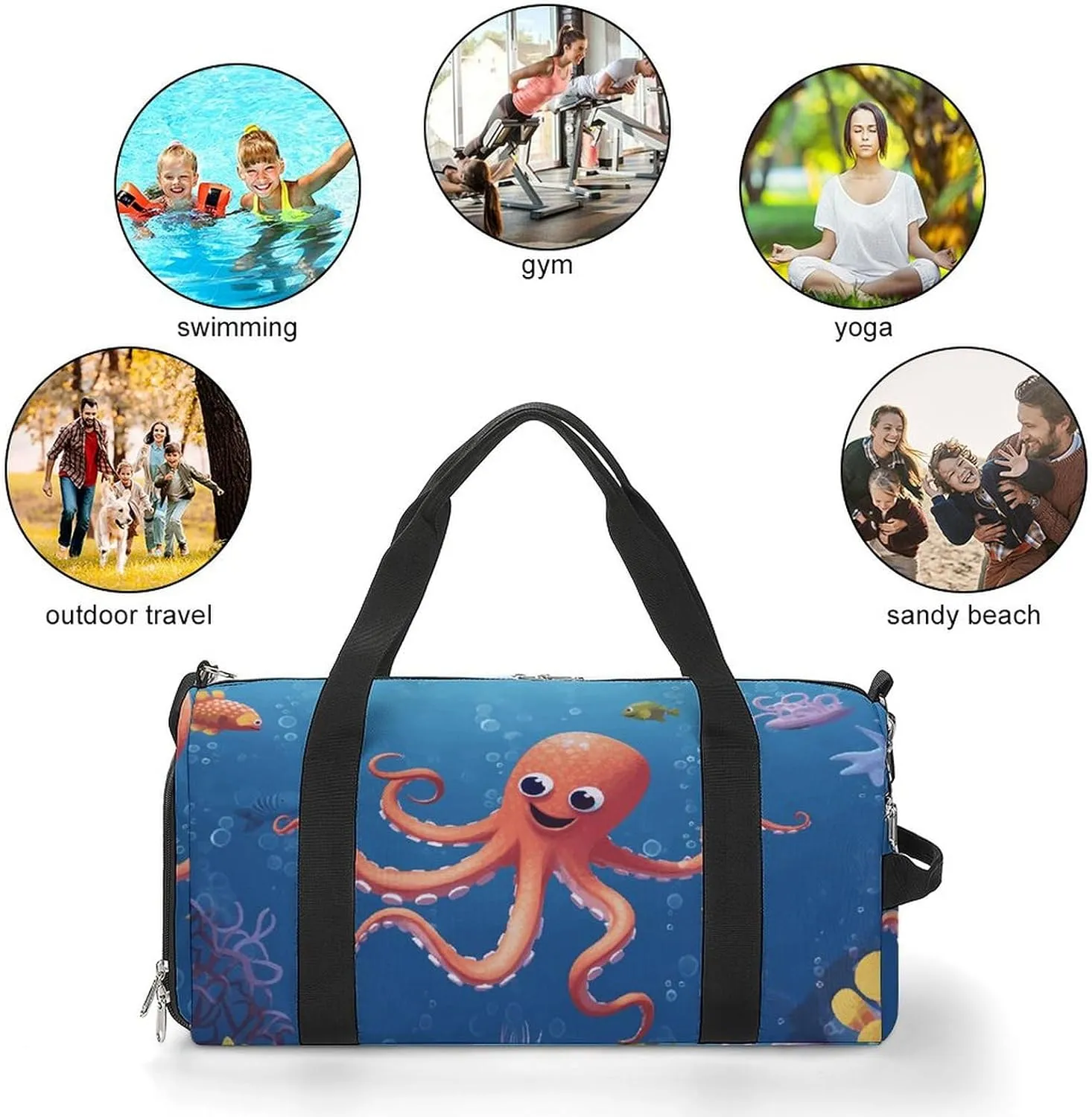 Gym Bag Cartoon Octopus Fish Duffel Bag for Men Women Overnight Bag with Shoe Compartment Workout Bags