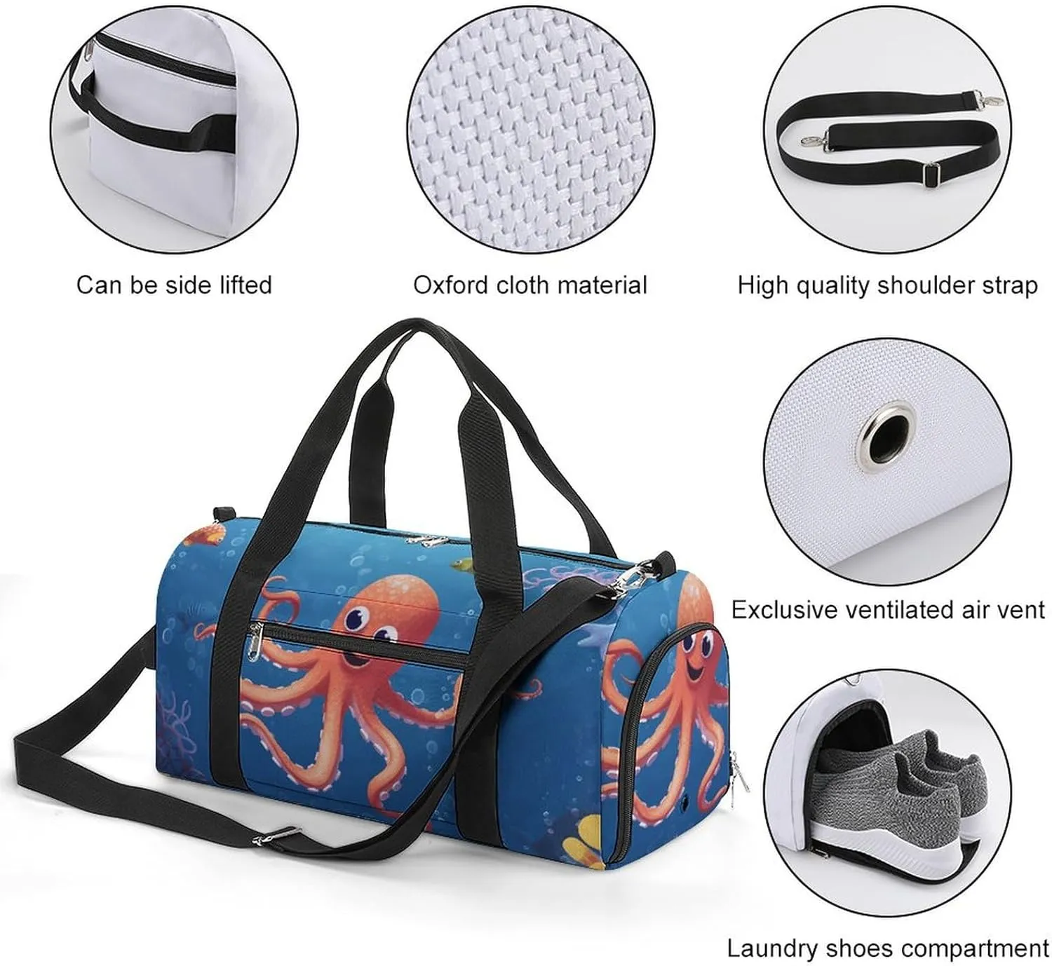 Gym Bag Cartoon Octopus Fish Duffel Bag for Men Women Overnight Bag with Shoe Compartment Workout Bags