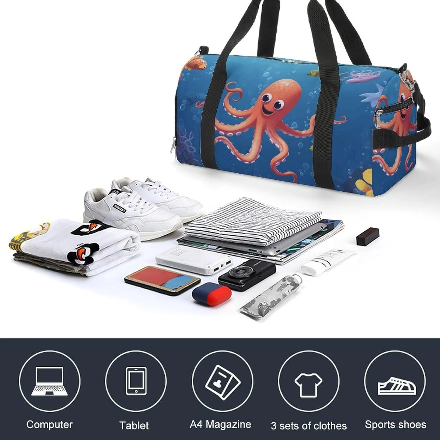 Gym Bag Cartoon Octopus Fish Duffel Bag for Men Women Overnight Bag with Shoe Compartment Workout Bags