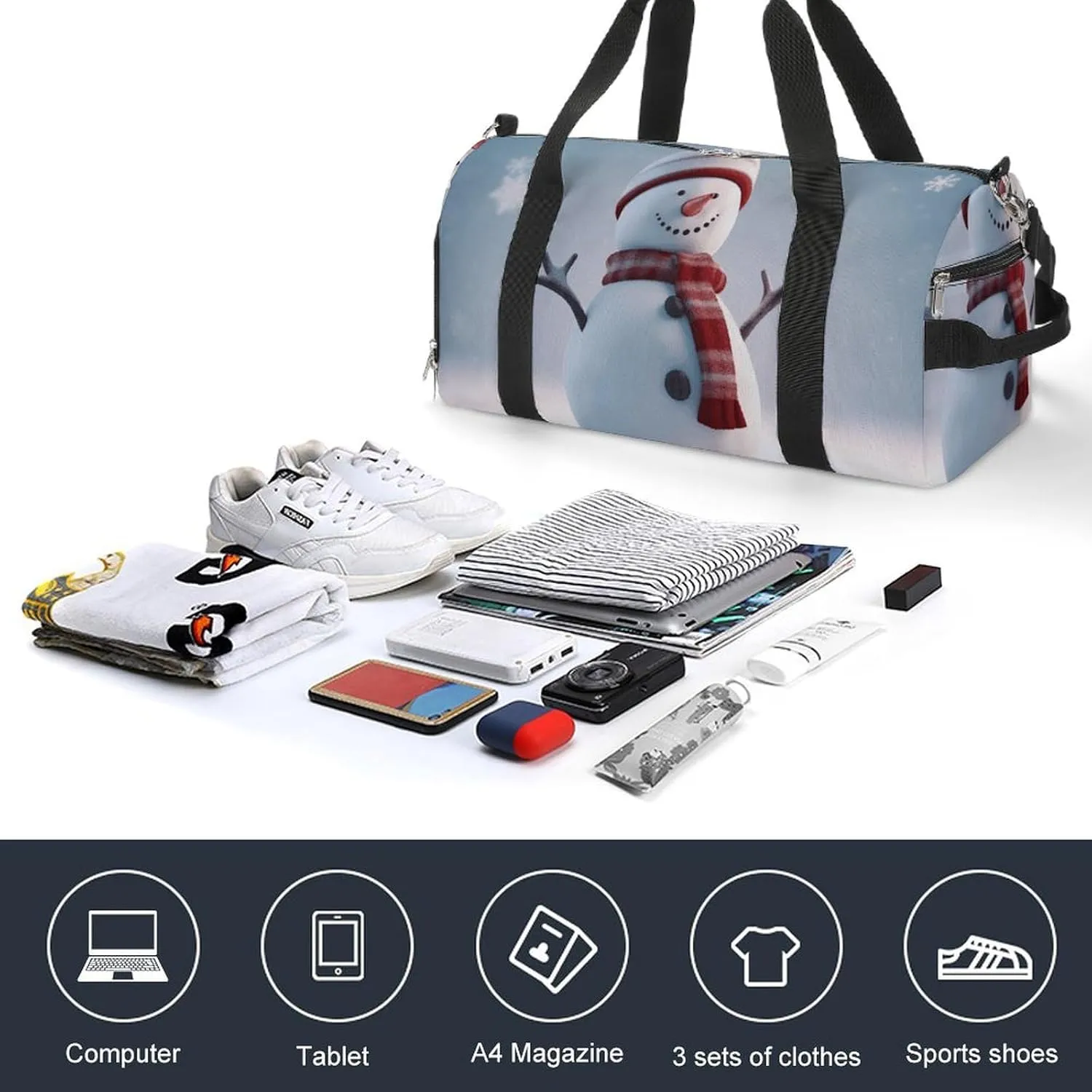 Gym Bag Christmas Happy Snowman Duffel Bag for Men Women Overnight Bag with Shoe Compartment Workout Bags