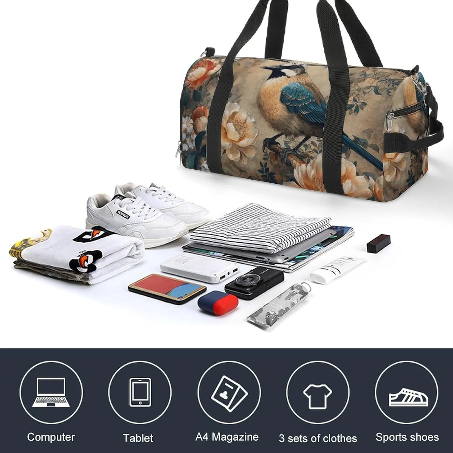 Gym Bag Classical Pattern Flowers Duffel Bag for Men Women Overnight Bag with Shoe Compartment Workout Bags