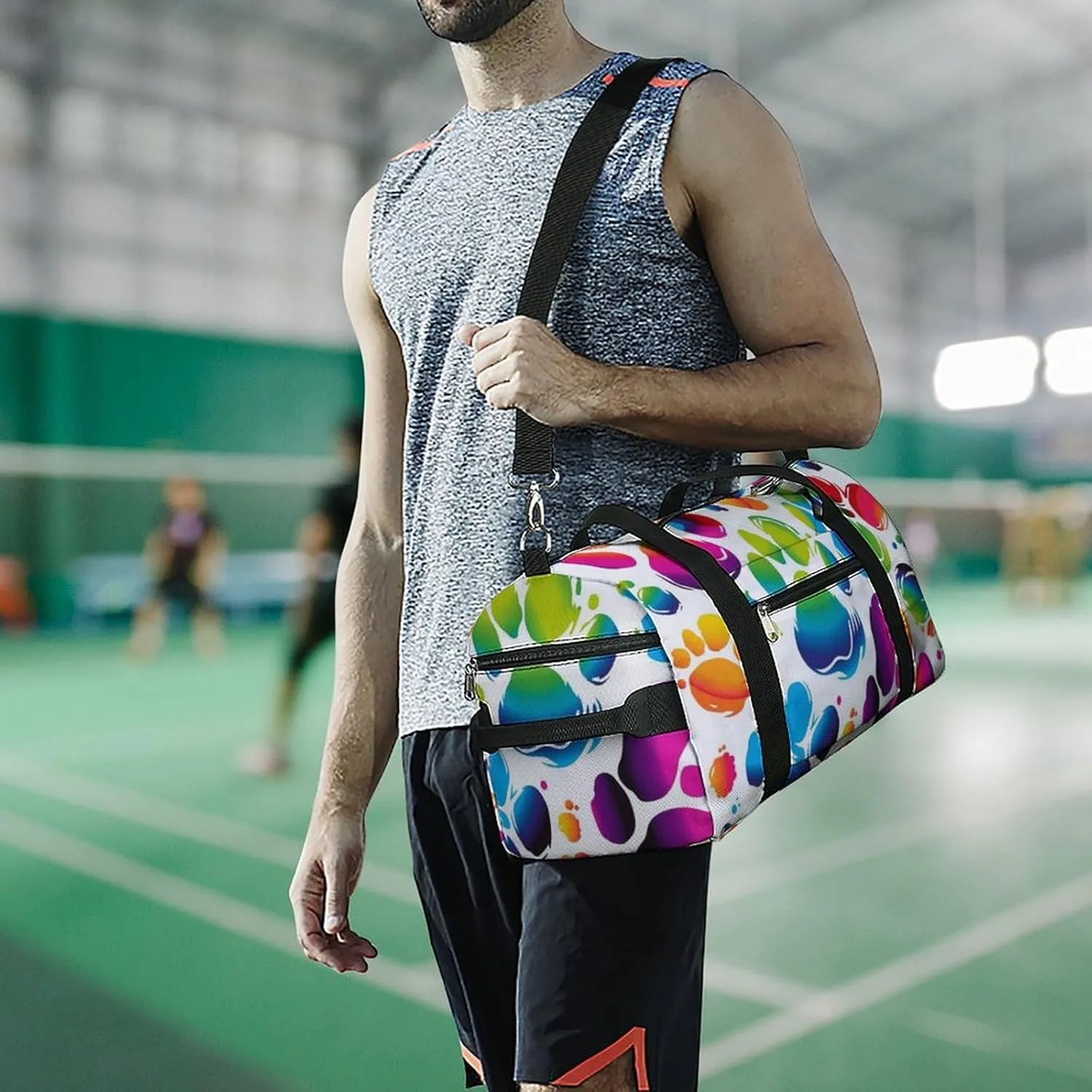 Gym Bag Colorful Dog Paw Print Duffel Bag for Men Women Overnight Bag with Shoe Compartment Workout Bags