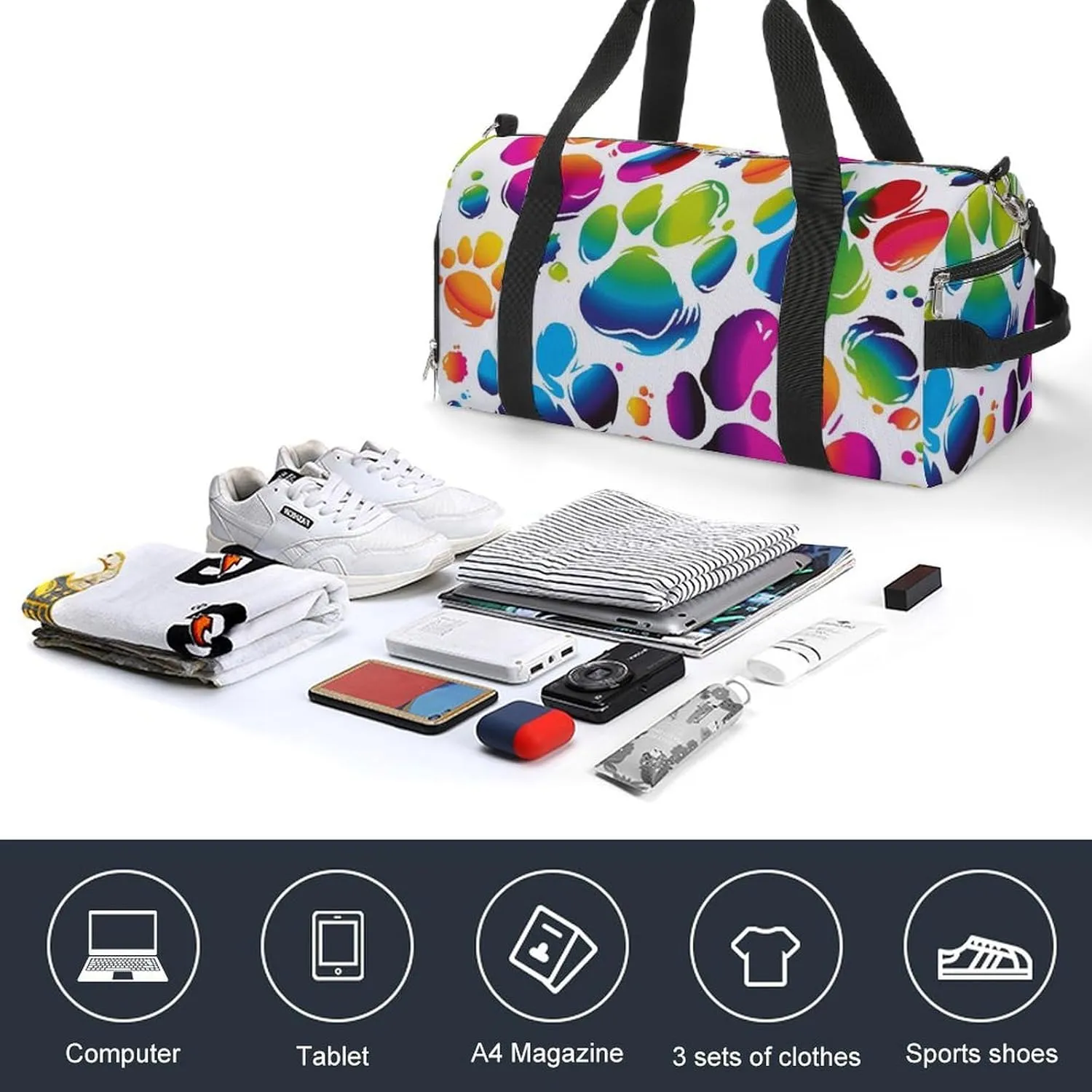 Gym Bag Colorful Dog Paw Print Duffel Bag for Men Women Overnight Bag with Shoe Compartment Workout Bags