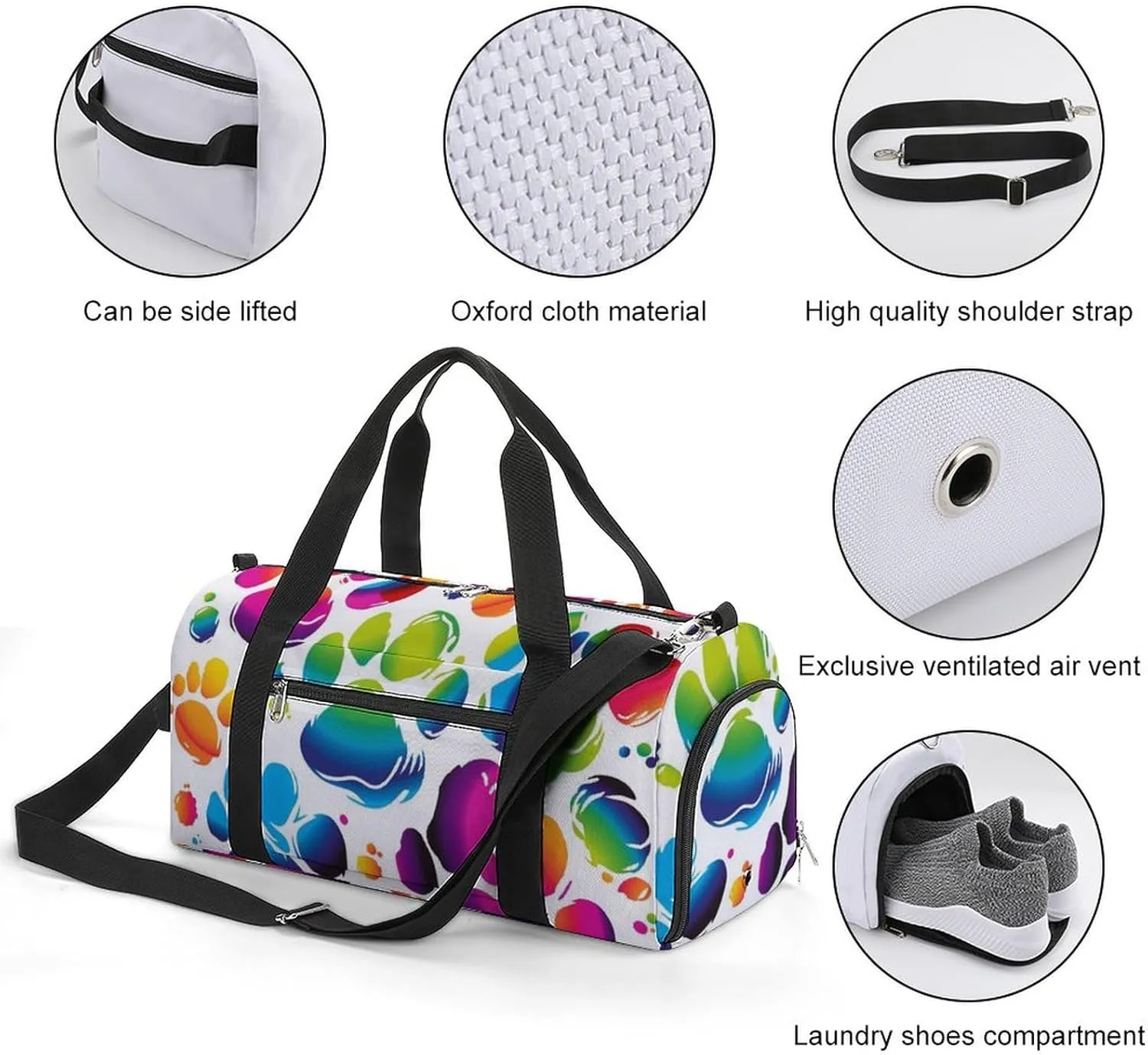 Gym Bag Colorful Dog Paw Print Duffel Bag for Men Women Overnight Bag with Shoe Compartment Workout Bags