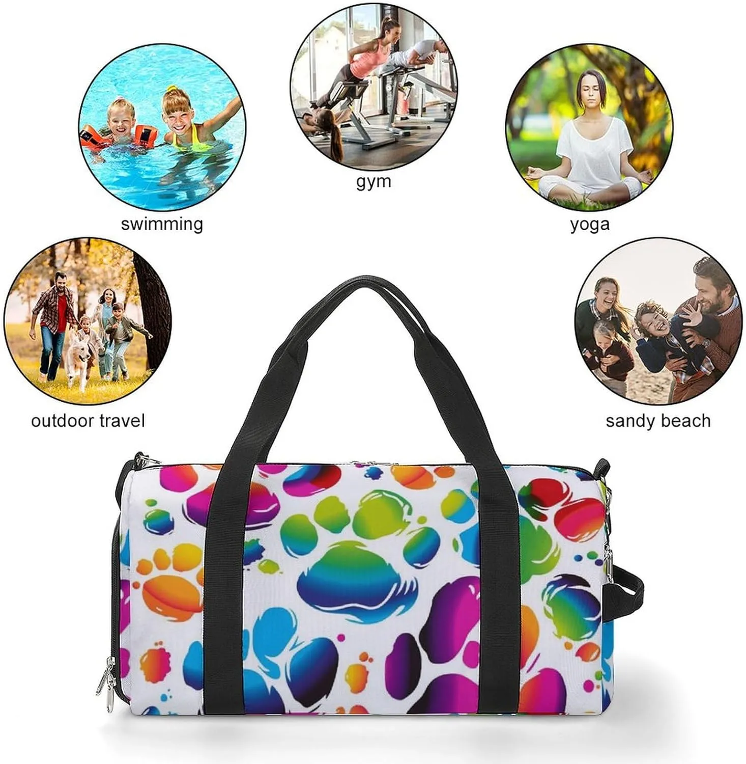 Gym Bag Colorful Dog Paw Print Duffel Bag for Men Women Overnight Bag with Shoe Compartment Workout Bags
