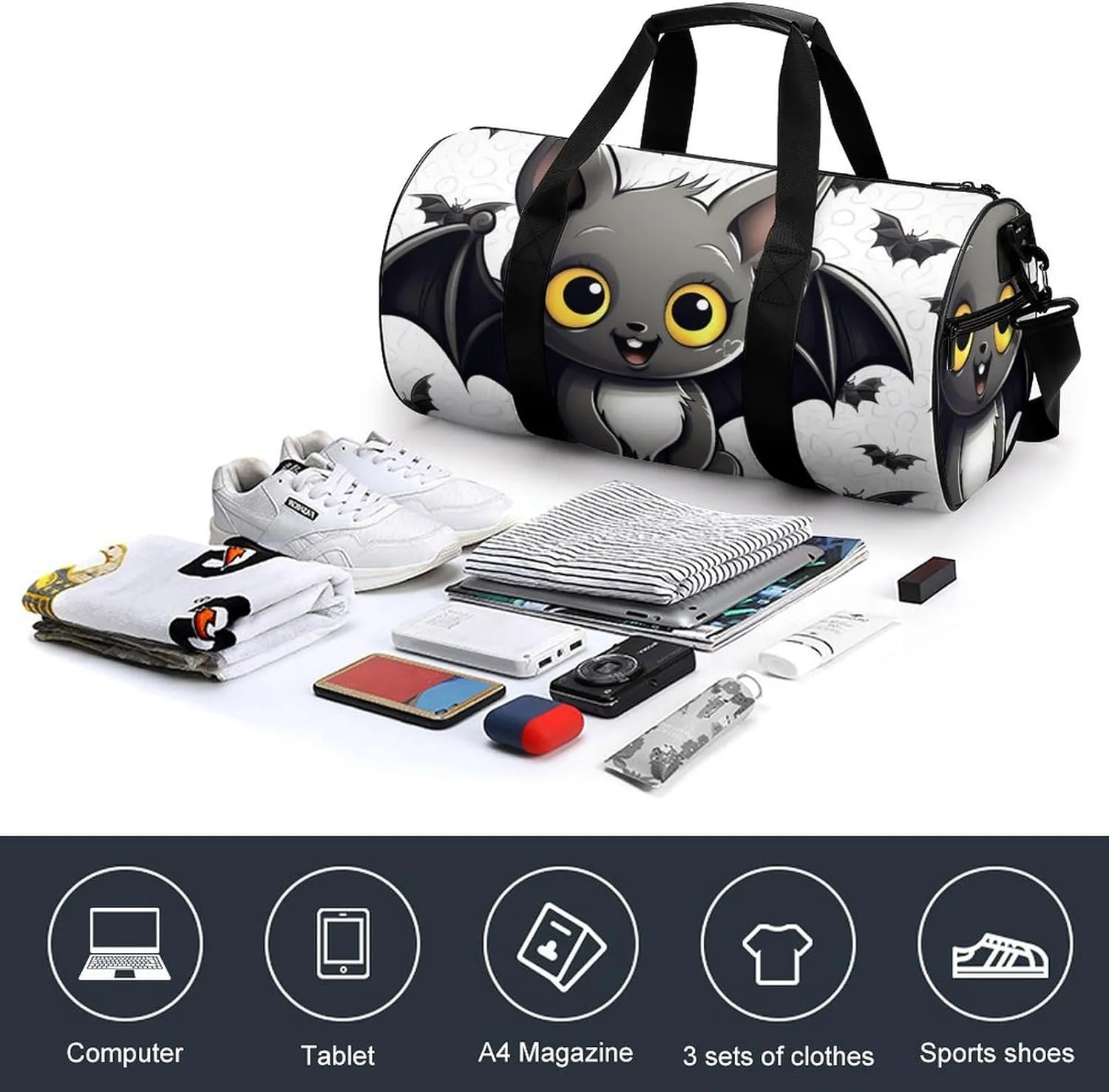 Gym Bag Cute Bat Duffel Bag for Men Women Overnight Bag with Shoe Compartment Workout Bags