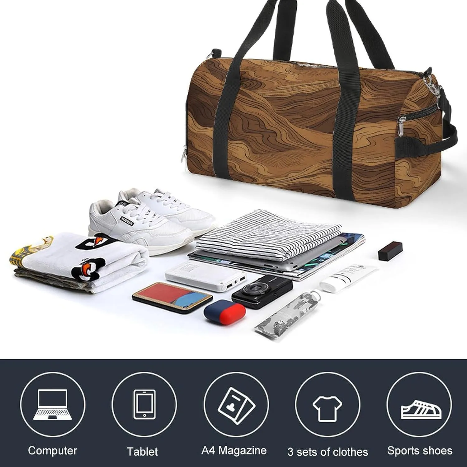 Gym Bag Dark Brown Stripes Duffel Bag for Men Women Overnight Bag with Shoe Compartment Workout Bags