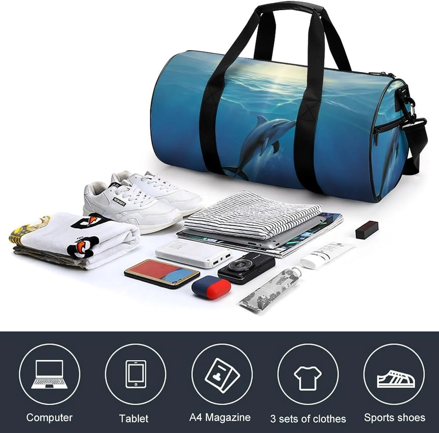 Gym Bag Dolphin In The Ocean Duffel Bag for Men Women Overnight Bag with Shoe Compartment Workout Bags