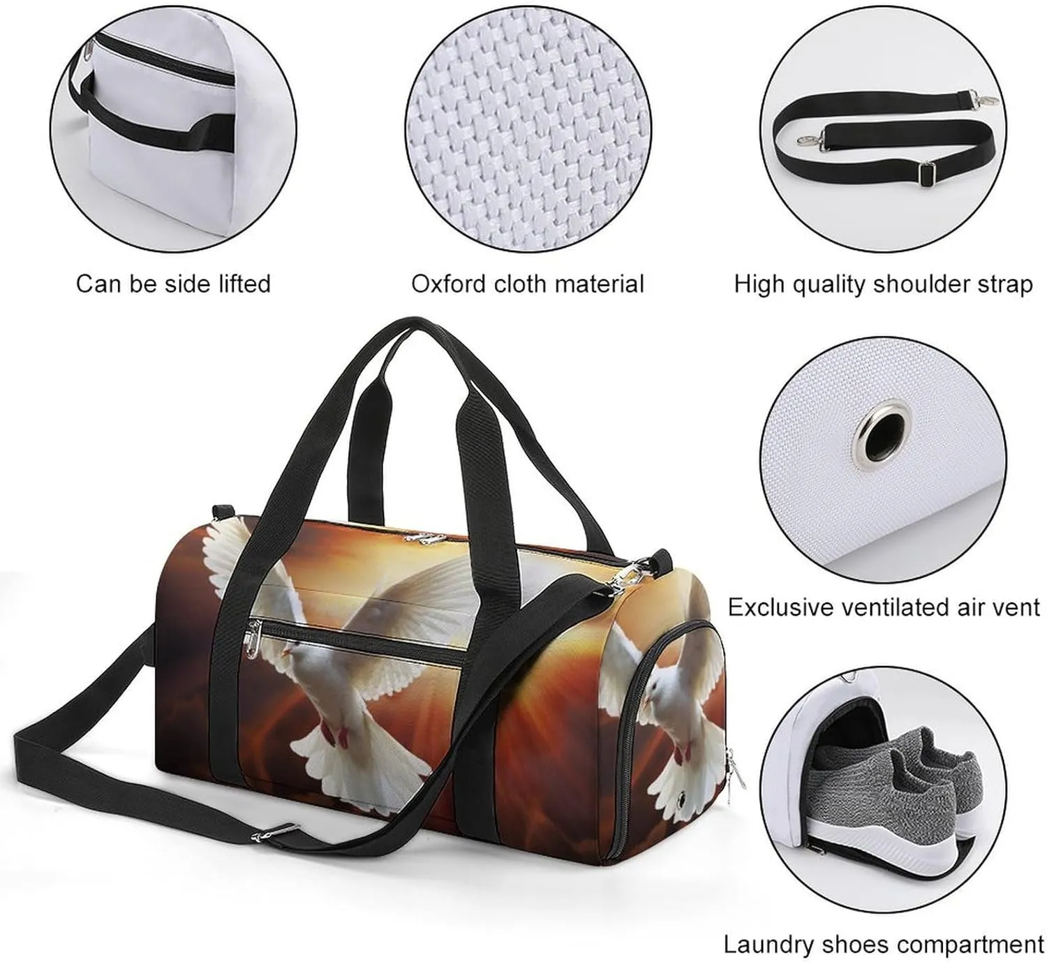 Gym Bag Dove Sun Art Duffel Bag for Men Women Overnight Bag with Shoe Compartment Workout Bags