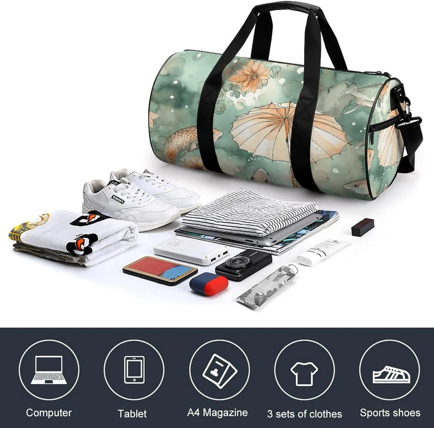 Gym Bag Fish And Umbrella Duffel Bag for Men Women Overnight Bag with Shoe Compartment Workout Bags