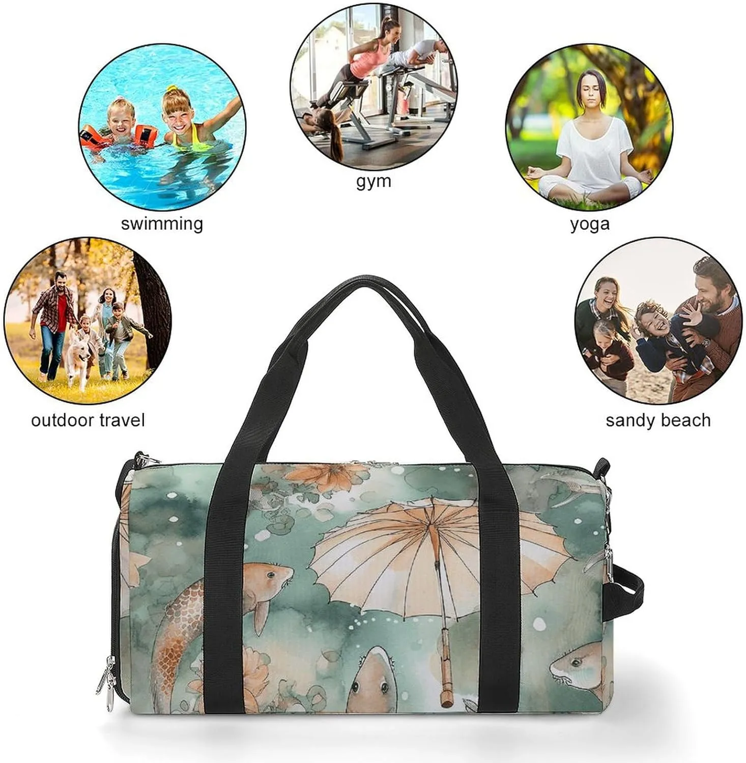 Gym Bag Fish And Umbrella Duffel Bag for Men Women Overnight Bag with Shoe Compartment Workout Bags