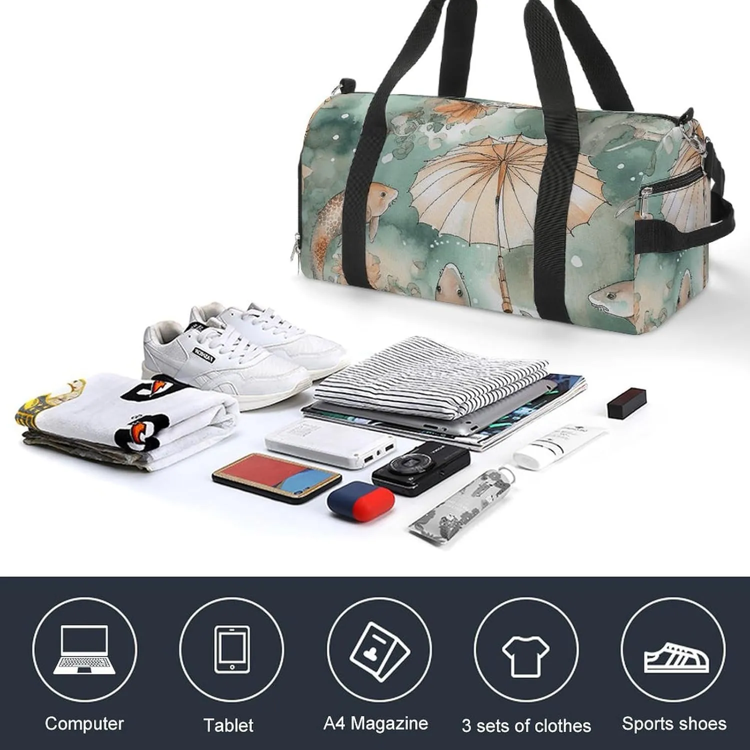 Gym Bag Fish And Umbrella Duffel Bag for Men Women Overnight Bag with Shoe Compartment Workout Bags