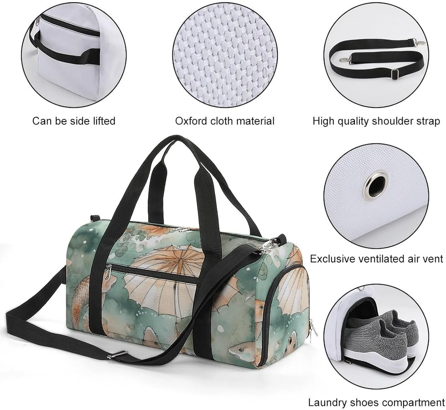 Gym Bag Fish And Umbrella Duffel Bag for Men Women Overnight Bag with Shoe Compartment Workout Bags