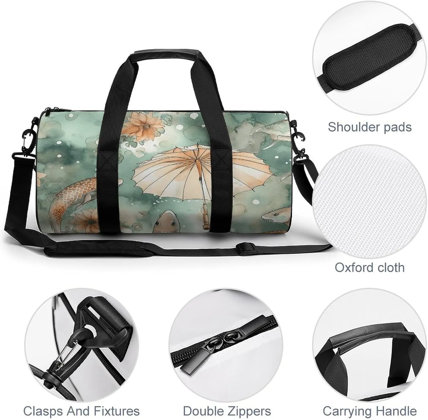 Gym Bag Fish And Umbrella Duffel Bag for Men Women Overnight Bag with Shoe Compartment Workout Bags