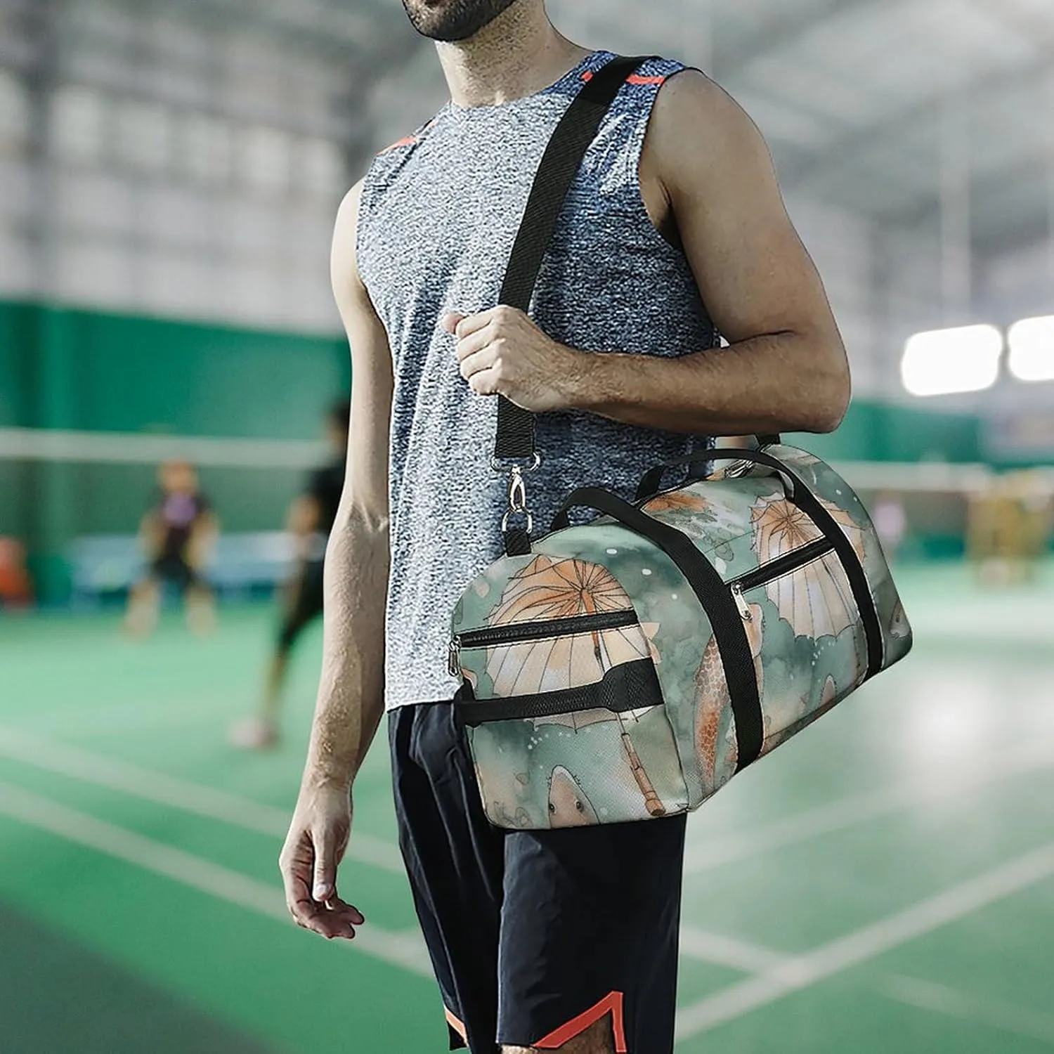 Gym Bag Fish And Umbrella Duffel Bag for Men Women Overnight Bag with Shoe Compartment Workout Bags