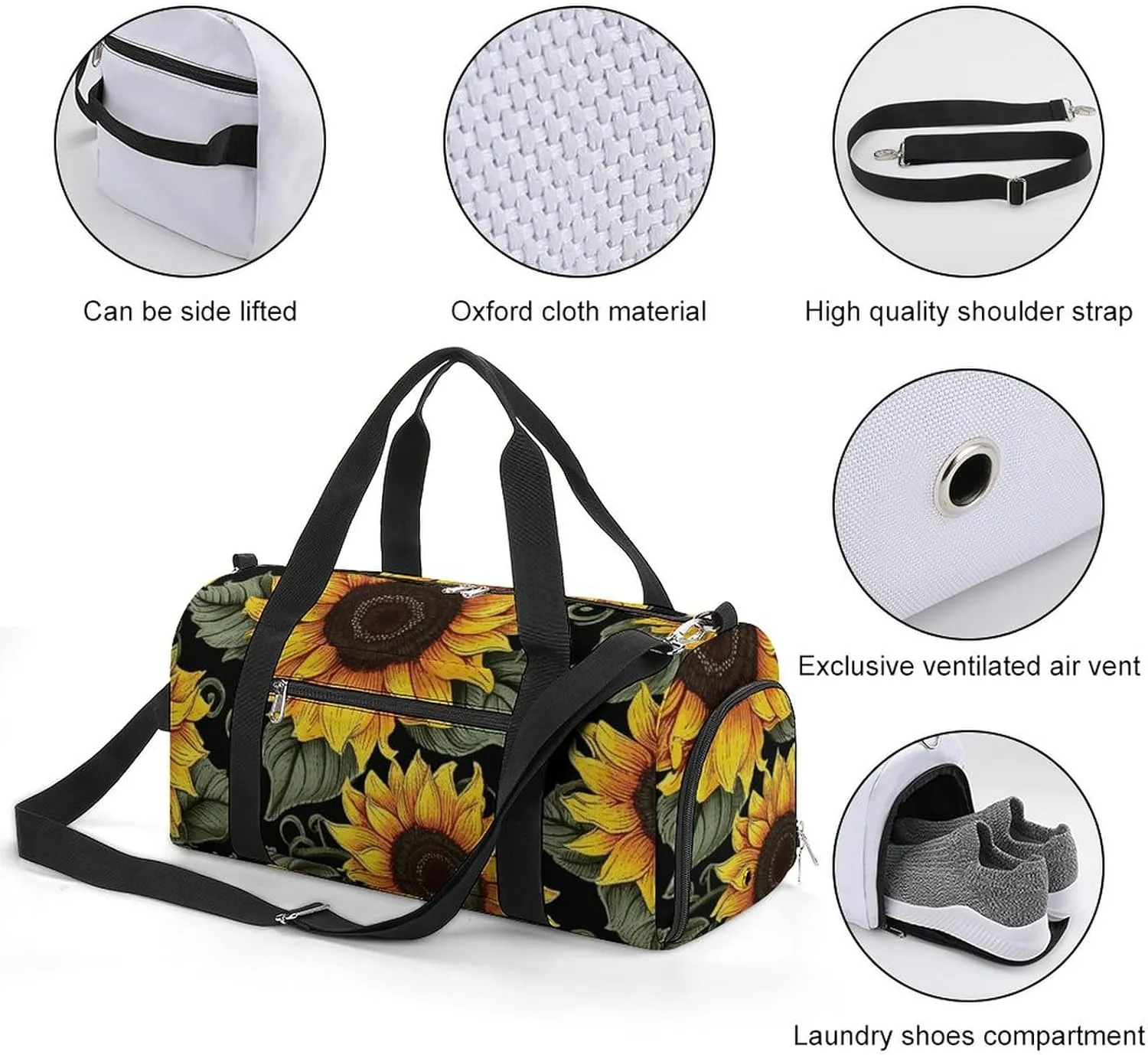 Gym Bag Floral Sunflower Duffel Bag for Men Women Overnight Bag with Shoe Compartment Workout Bags