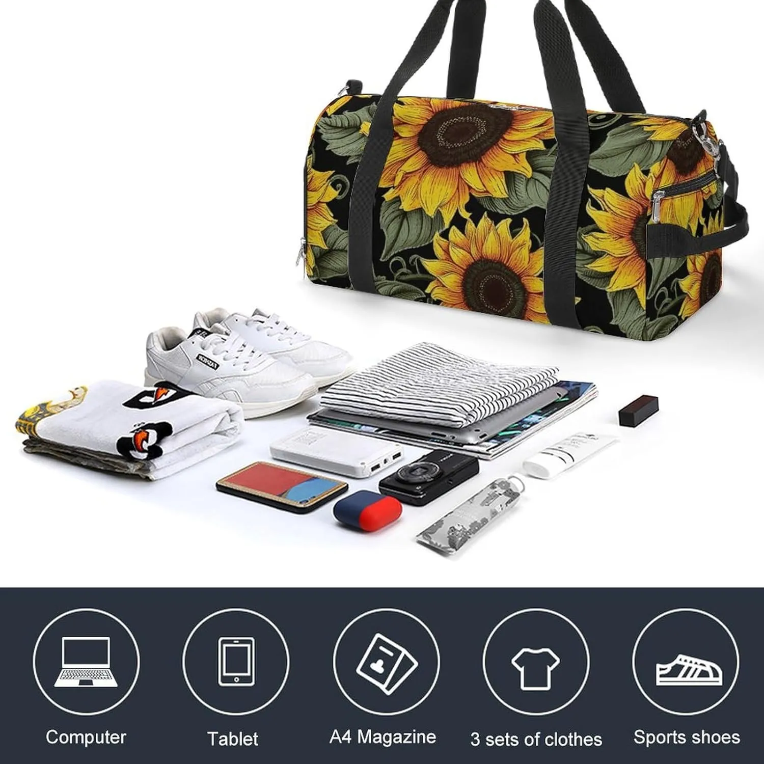 Gym Bag Floral Sunflower Duffel Bag for Men Women Overnight Bag with Shoe Compartment Workout Bags