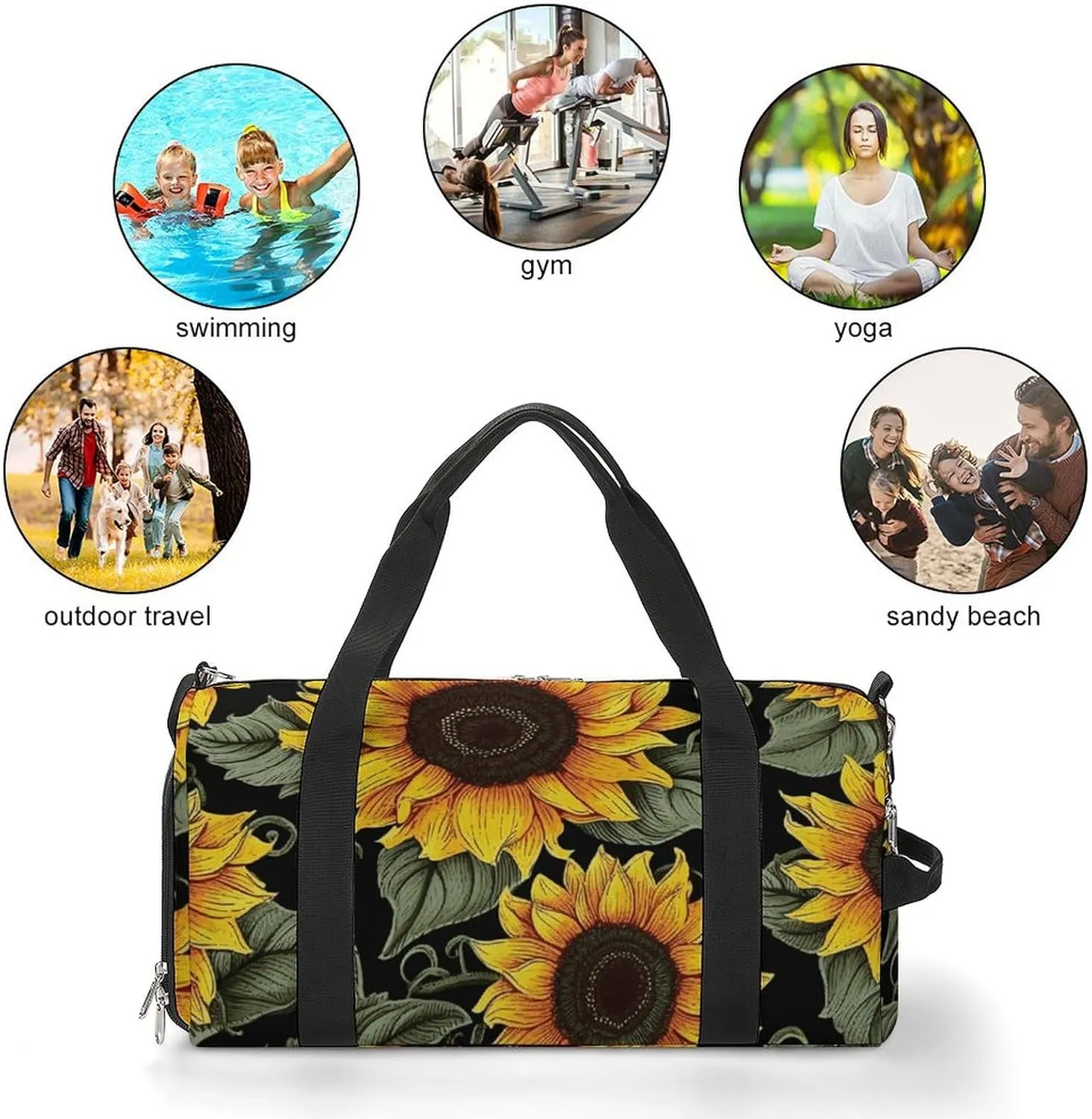 Gym Bag Floral Sunflower Duffel Bag for Men Women Overnight Bag with Shoe Compartment Workout Bags