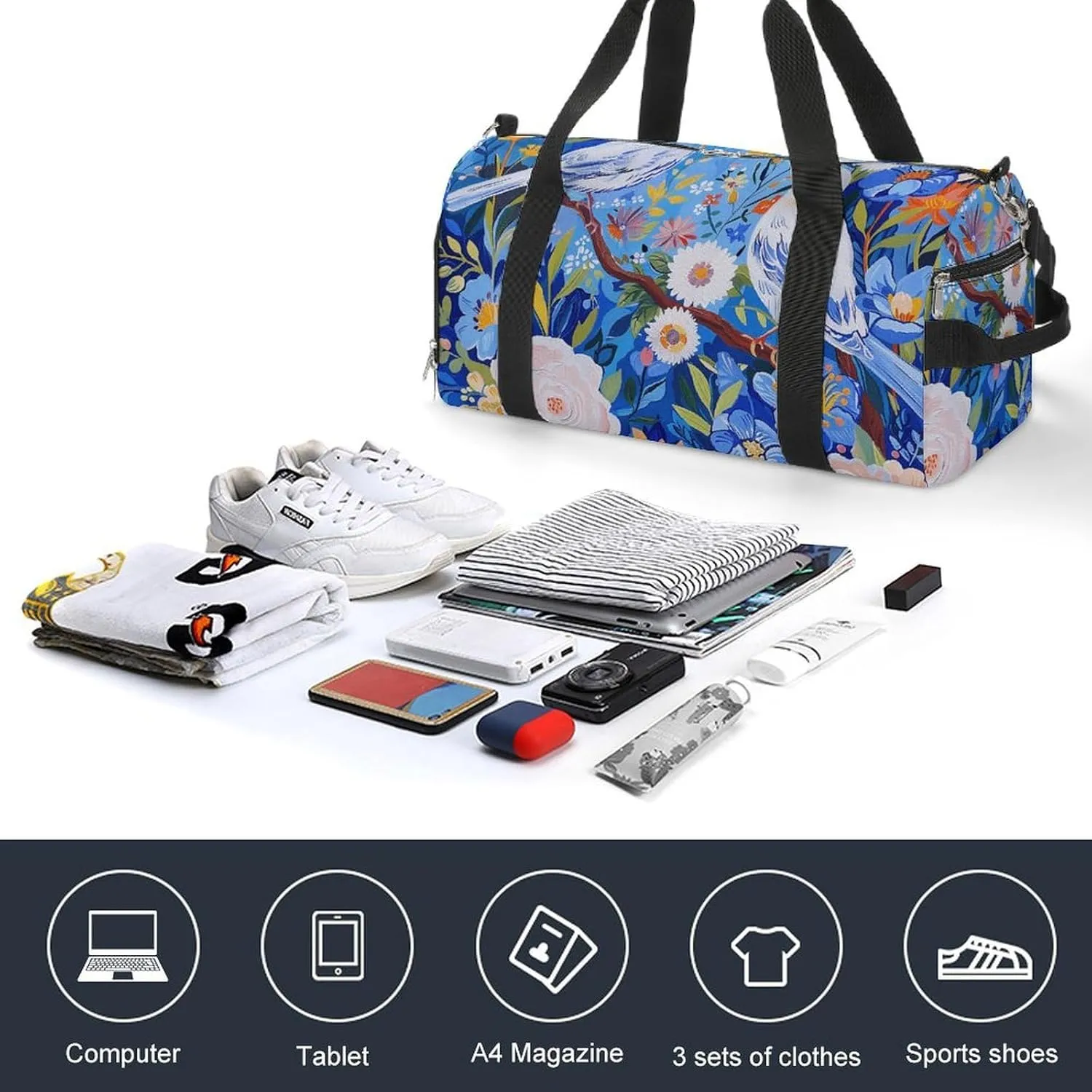 Gym Bag Flowers And White Birds Duffel Bag for Men Women Overnight Bag with Shoe Compartment Workout Bags