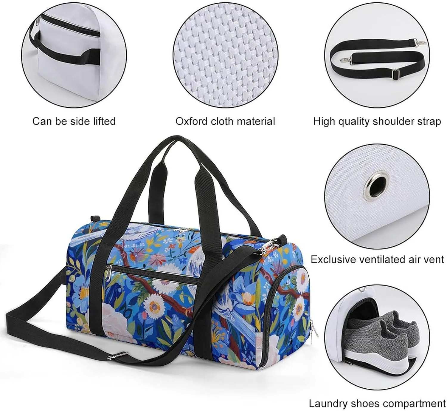 Gym Bag Flowers And White Birds Duffel Bag for Men Women Overnight Bag with Shoe Compartment Workout Bags