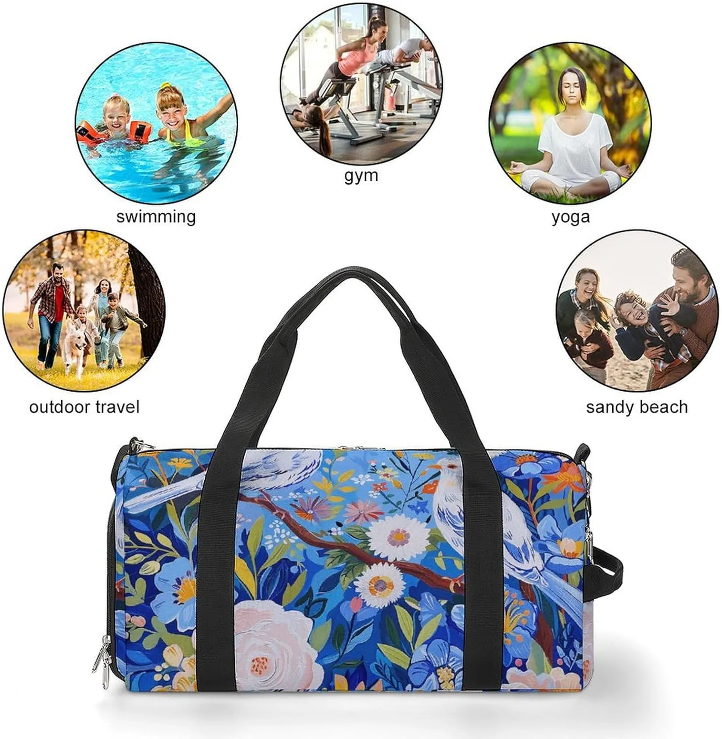 Gym Bag Flowers And White Birds Duffel Bag for Men Women Overnight Bag with Shoe Compartment Workout Bags