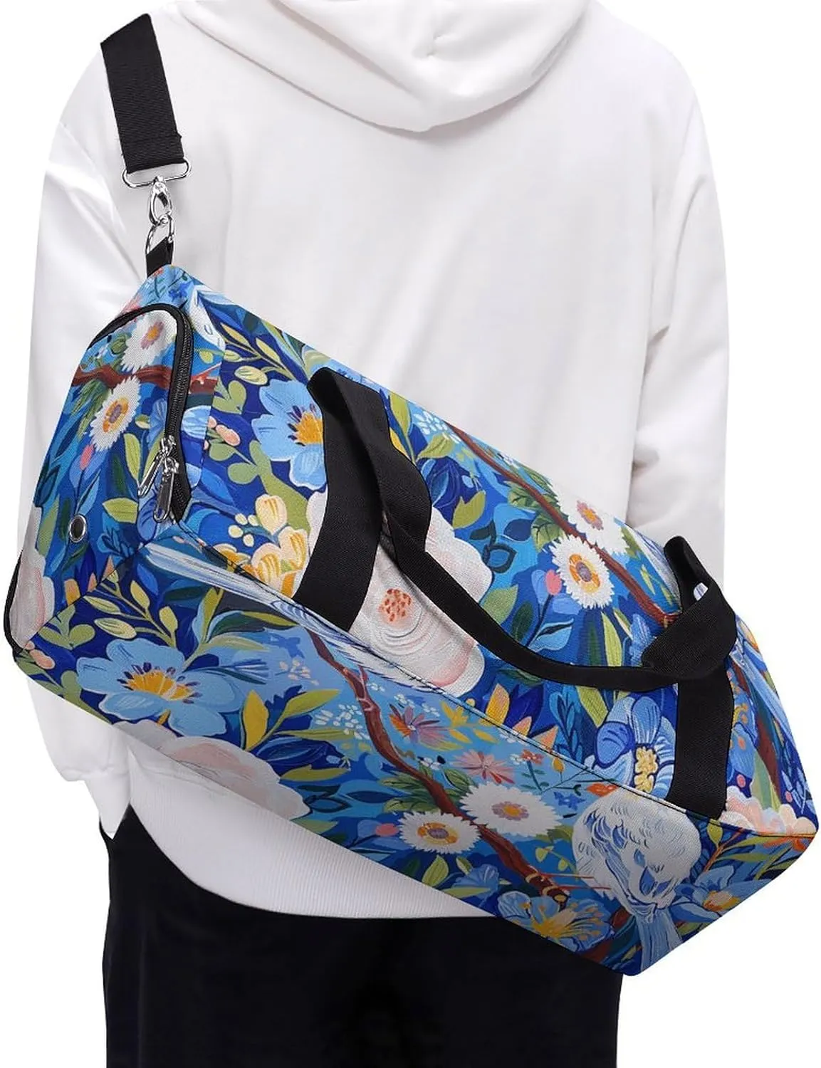 Gym Bag Flowers And White Birds Duffel Bag for Men Women Overnight Bag with Shoe Compartment Workout Bags