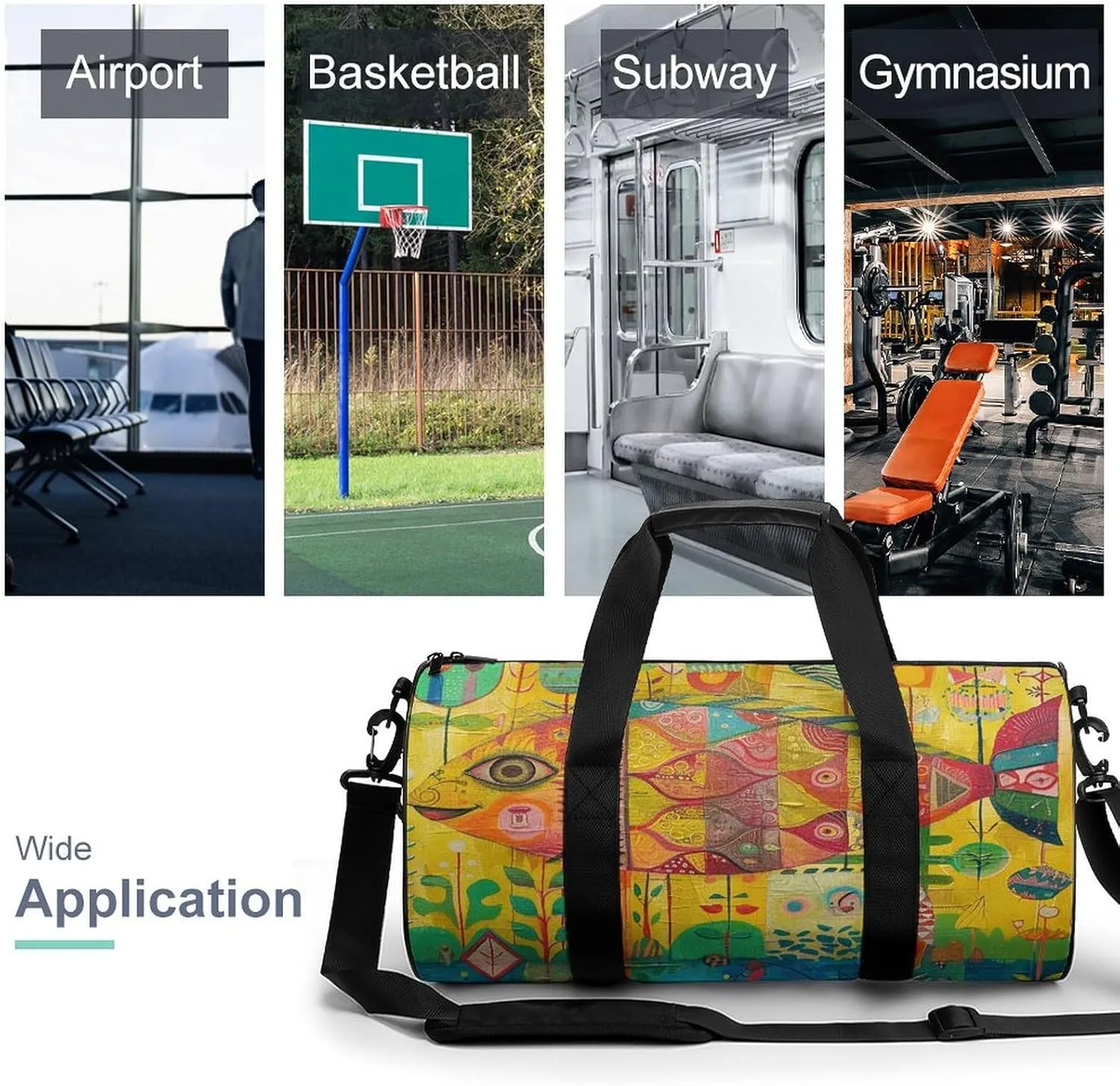 Gym Bag Folk Style Fish Duffel Bag for Men Women Overnight Bag with Shoe Compartment Workout Bags