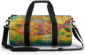 Gym Bag Folk Style Fish Duffel Bag for Men Women Overnight Bag with Shoe Compartment Workout Bags